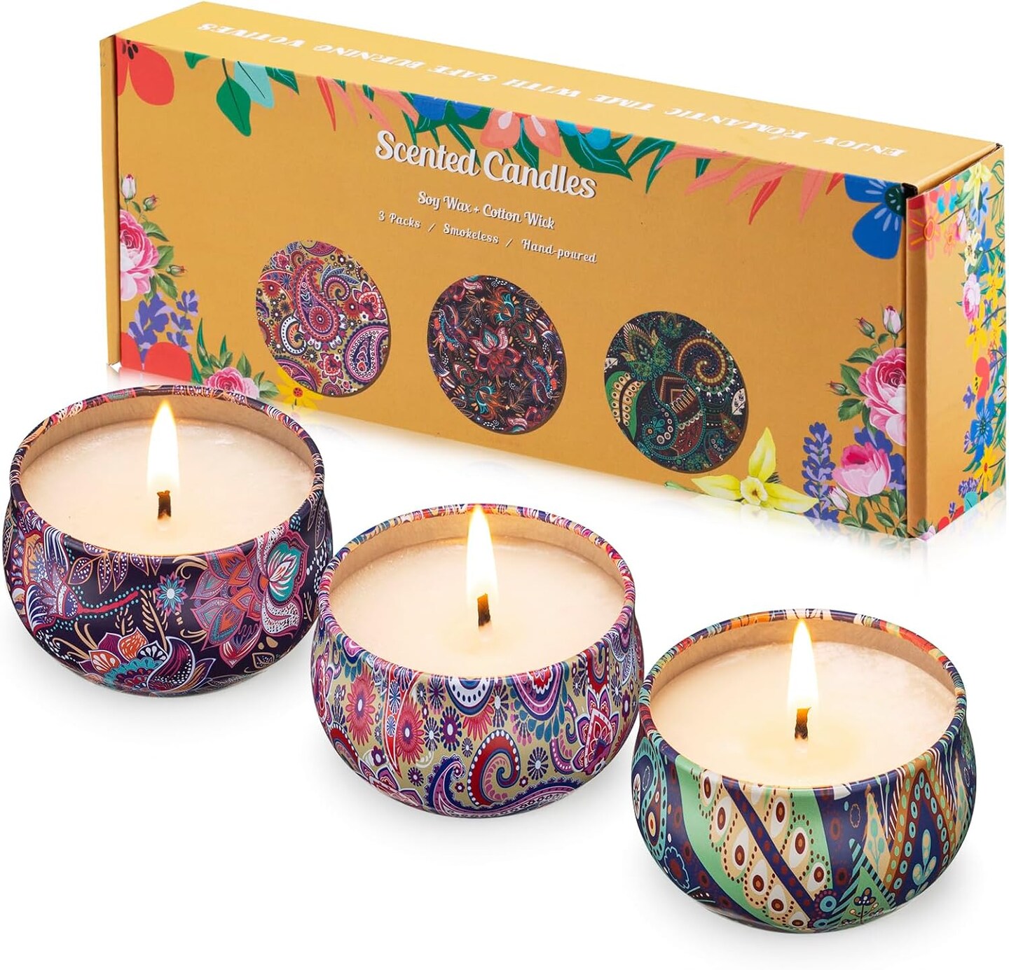 3 Pack Scented Candles, 2.5 oz Aromatherapy Candles with Floral Scents,Soy Candles Set with 72H Burning Time,Ideal Gift for Women (Lavender+Vanilla+Rose)