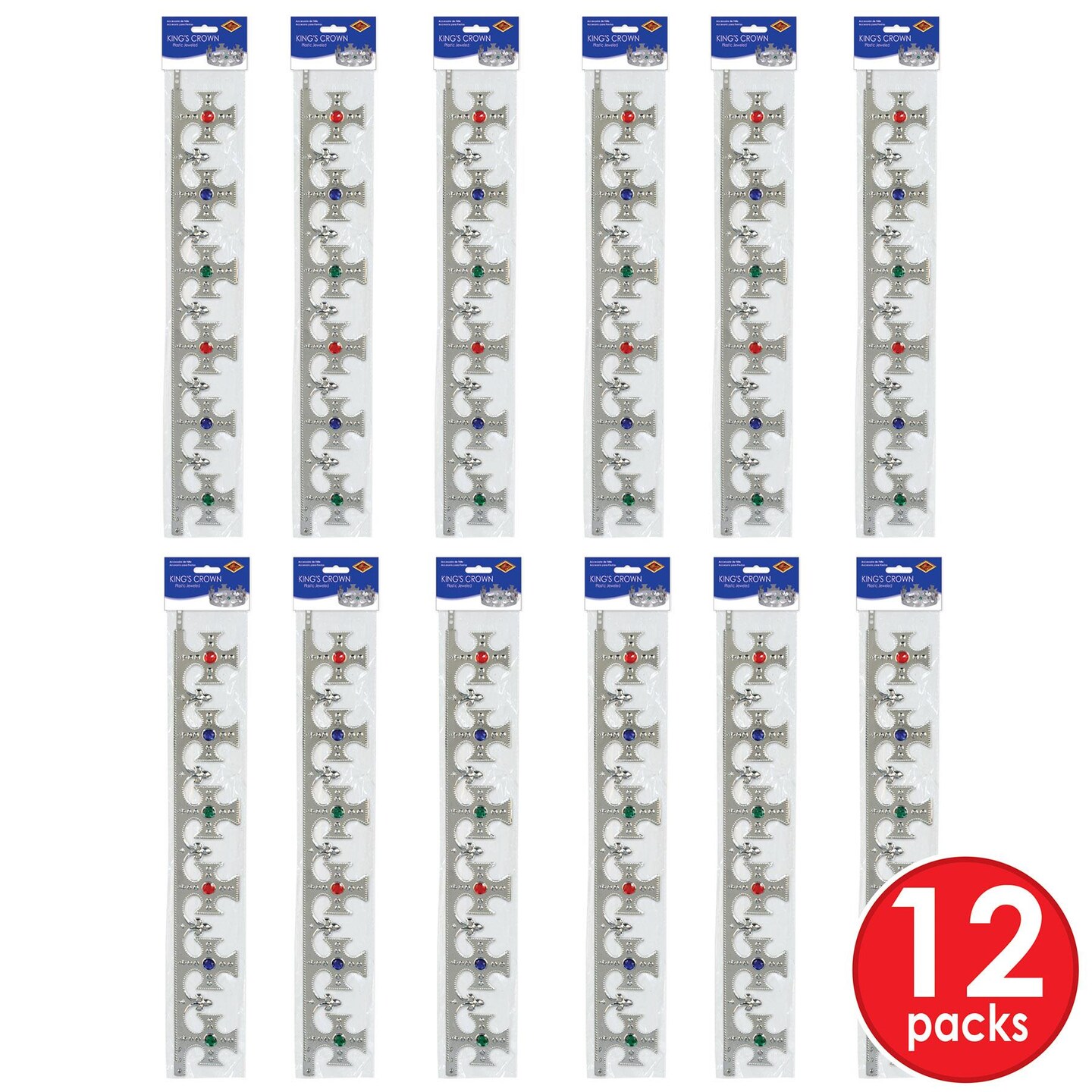 12 Pack Beistle Silver Plastic Jeweled King&#x27;s Crown