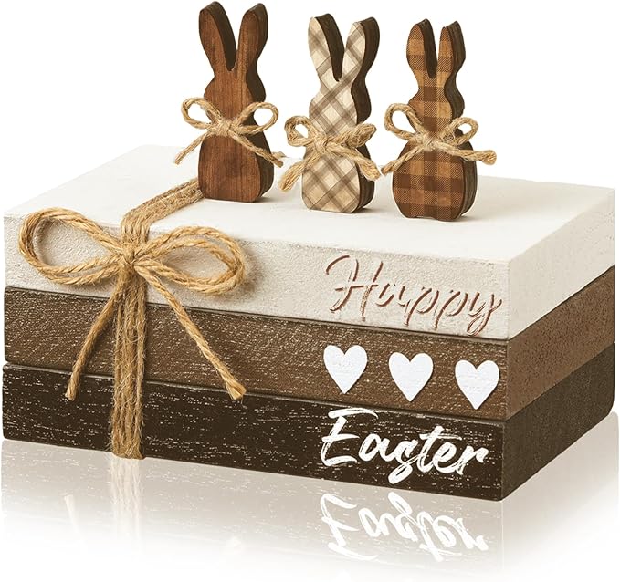 6 Pcs Easter Tiered Tray Decor Wooden Farmhouse Faux Stacked Books Easter Bunny Rabbit Decorative Table Centerpiece Block Signs for Party Home Kitchen Dining Table Decor