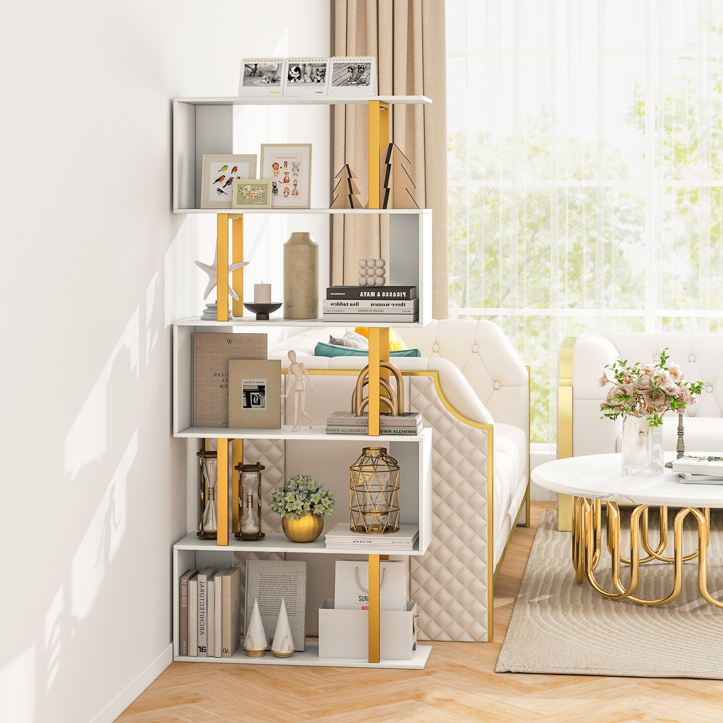 White-Gold Geometric Bookcase with Metal Frame and Anti-tipping Kits