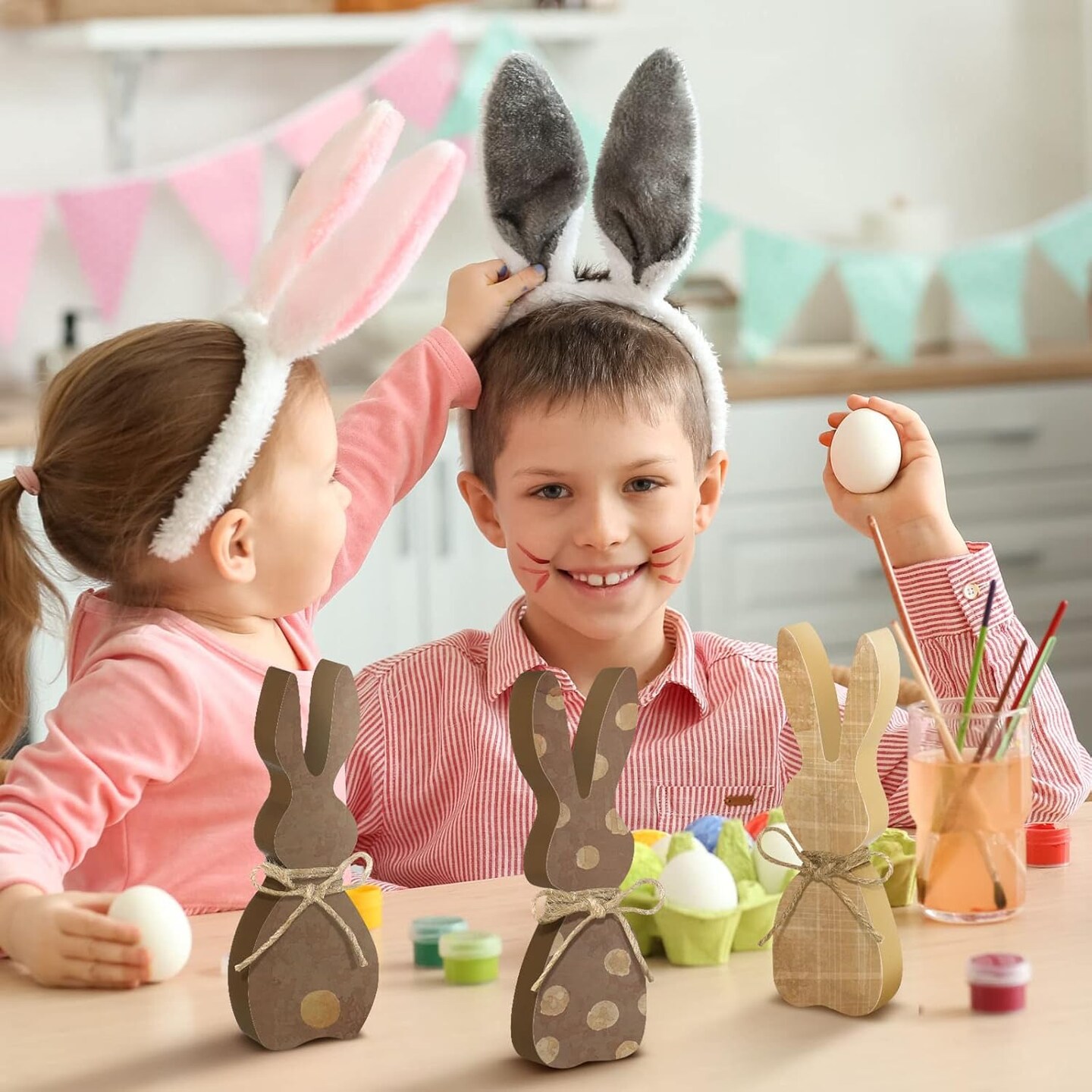 3 Pieces Easter Decorations for the Home Wooden Bunny Decor Sign