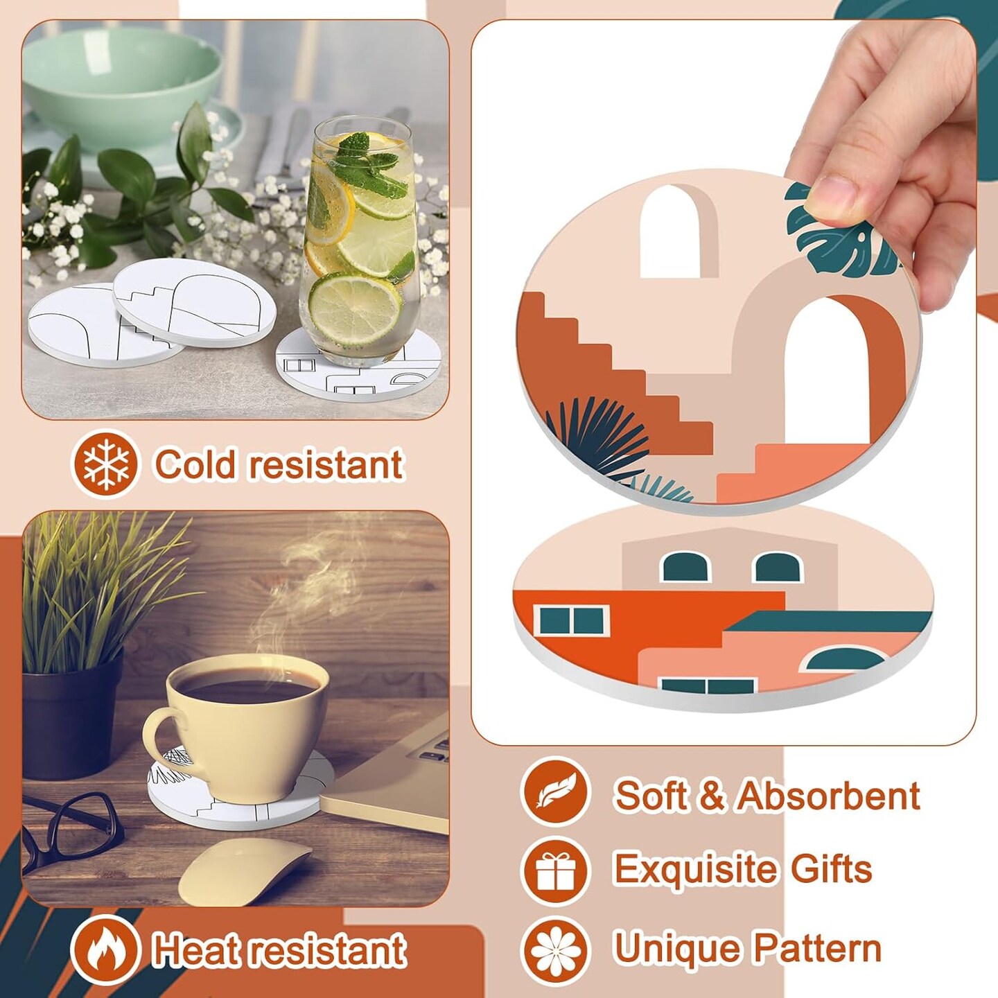 12 Pcs Color Your Own Coaster Ceramic DIY Kits for Adults Absorbent Drink Coasters with Cork Base and 12 Markers for Adult Home Table DIY Art Crafts Gift(Bohemian)