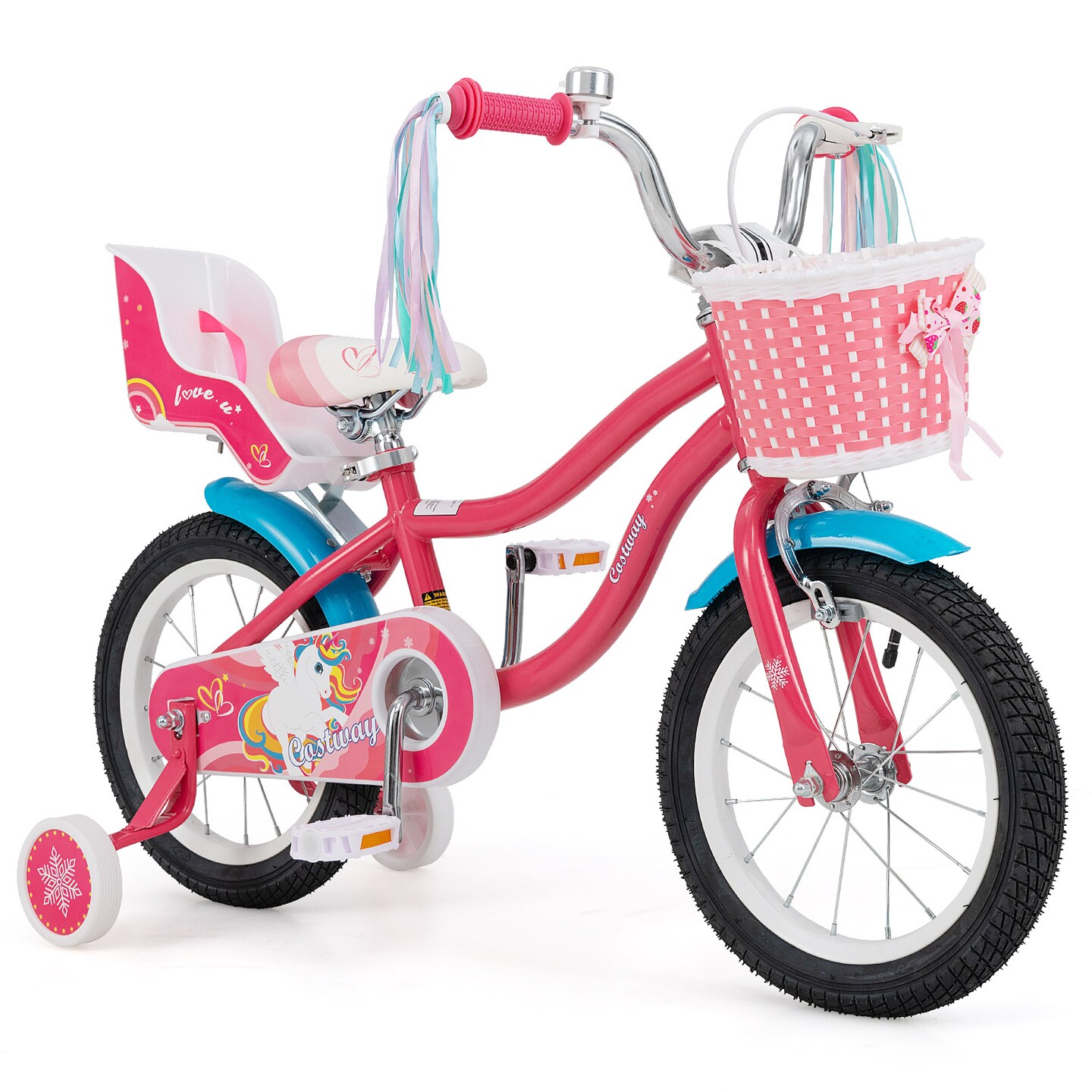 14 Inch Girls Bike with Doll Seat, Training Wheels for 3-5 Years Old Kids, Pink Steel Frame
