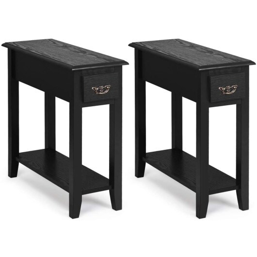 2-Tier End Table Set 2 Pieces with Drawer and Open Shelf for Bedside or Sofa