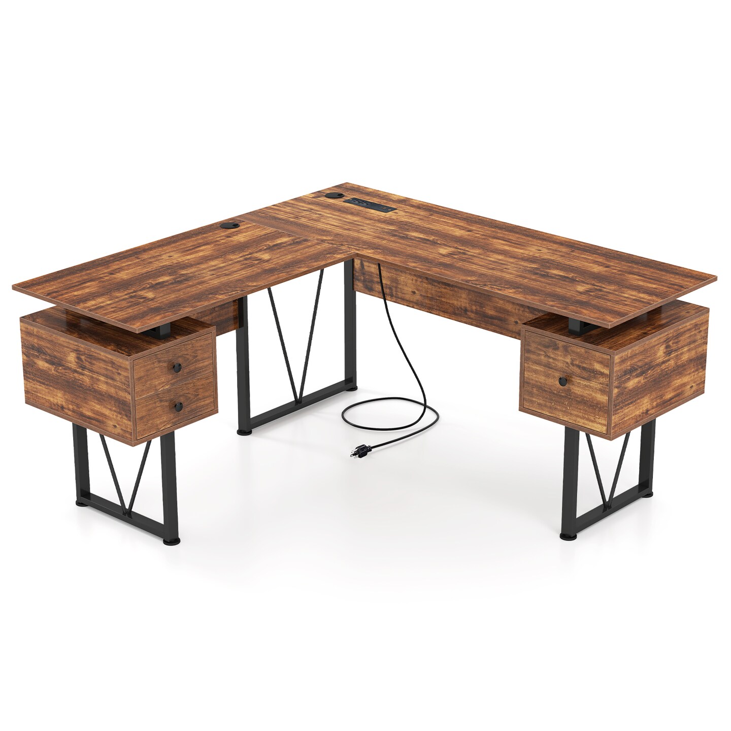 Rustic Brown L-shaped Computer Desk with Power Outlets and 3 Storage Drawers