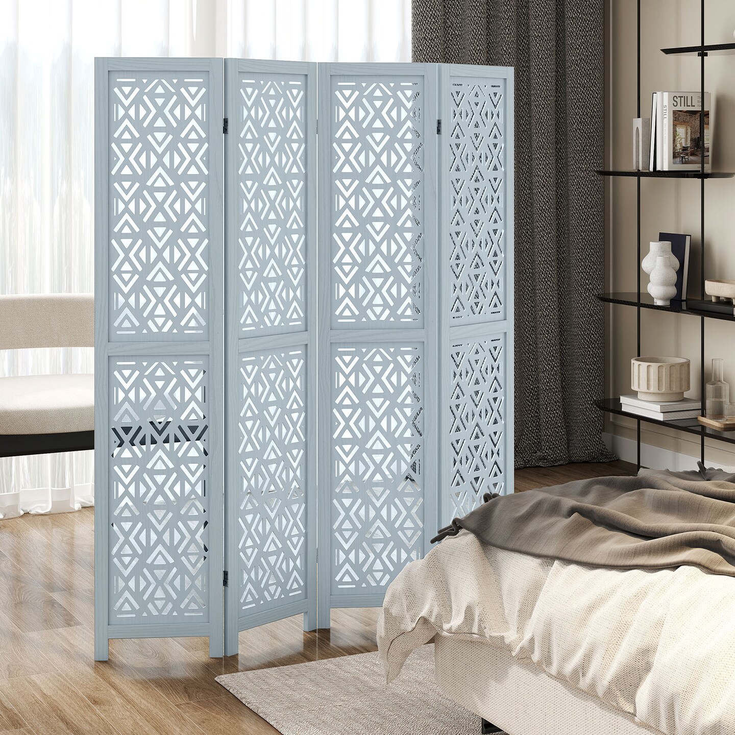 Blue Wooden Room Divider with Carved Cutout Pattern and Solid Wood Frame