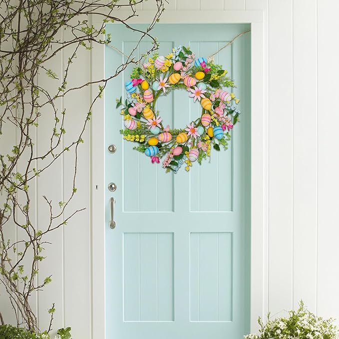 20 Inch Easter Wreath for Front Door Easter Egg Wreath Easter Door Decorations Easter Home Decor Spring Flower Gifts Party Holiday Wall Window