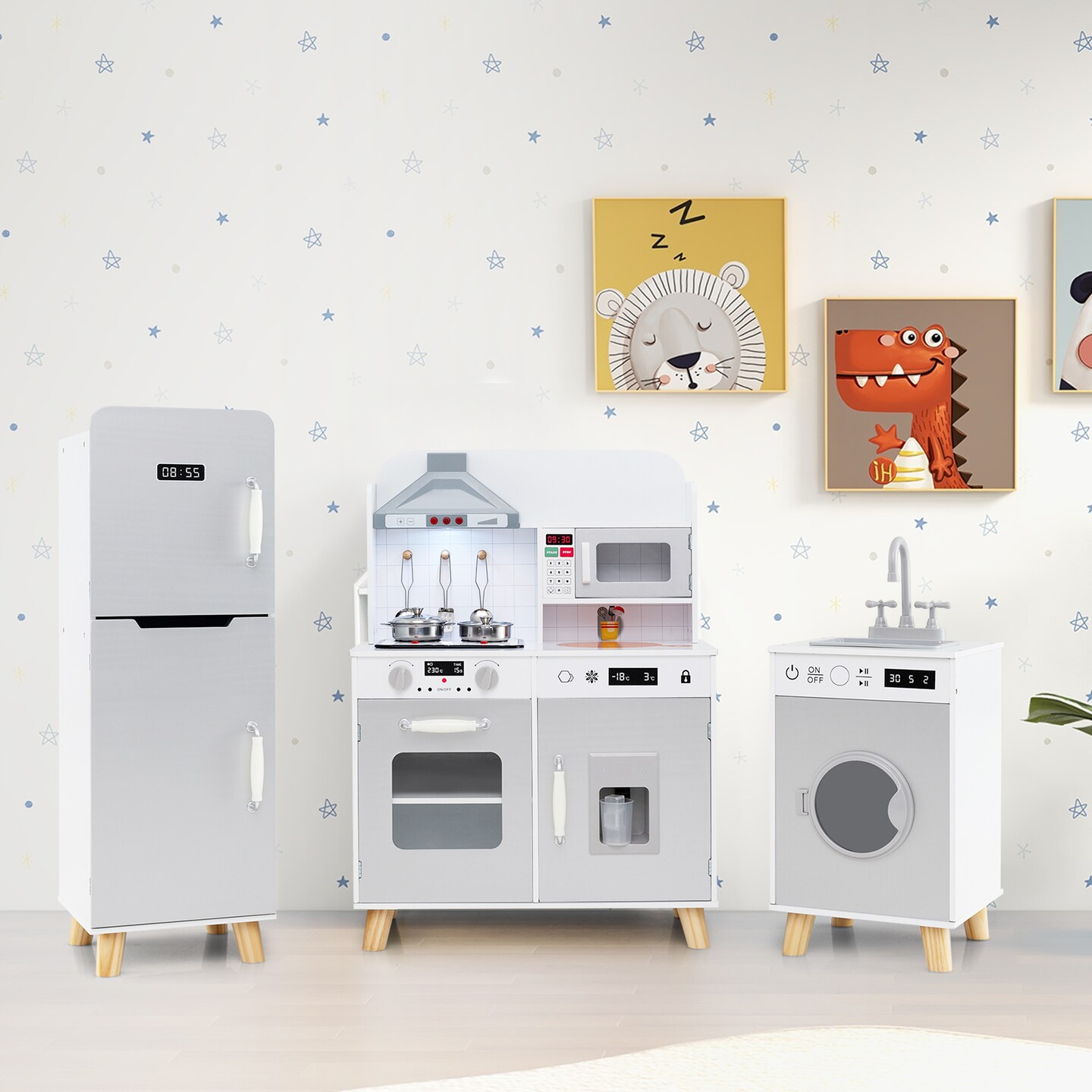 Kids Kitchen Playset 3-in-1 with Refrigerator and Washing Machine-Grey