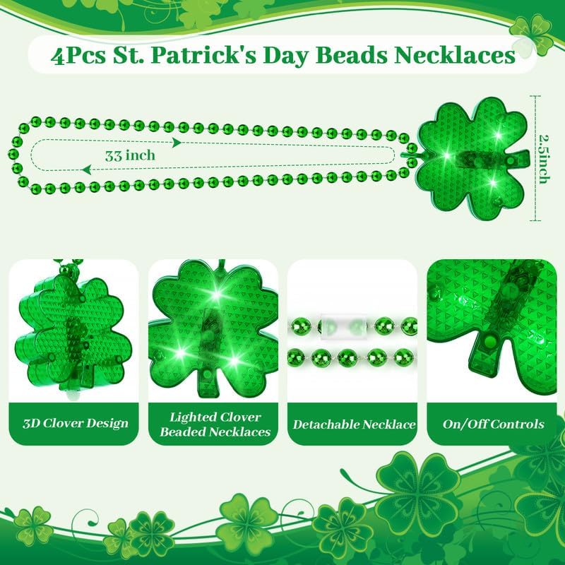 4Pcs Light up Shamrocks Beads Necklaces, St Patrick&#x27;s Day Necklace Accessories Led Shamrocks Necklaces Metallic Green Bead Clovers Necklaces for Irish St. Patricks Day Party Favor Supplies