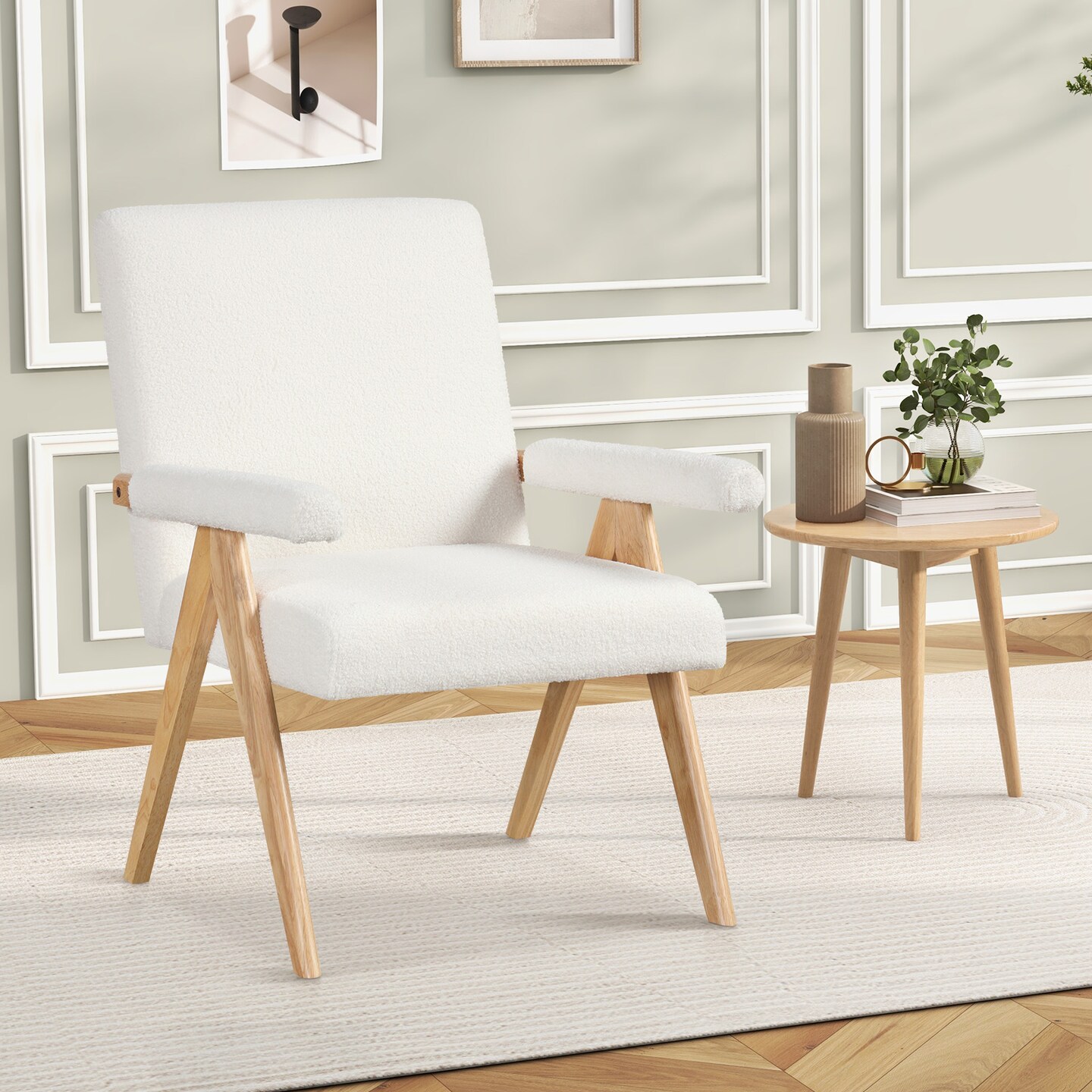 Beige Sherpa Fabric Accent Chair with Wood Arms and Backrest Comfy Lounge Chair for Modern Homes