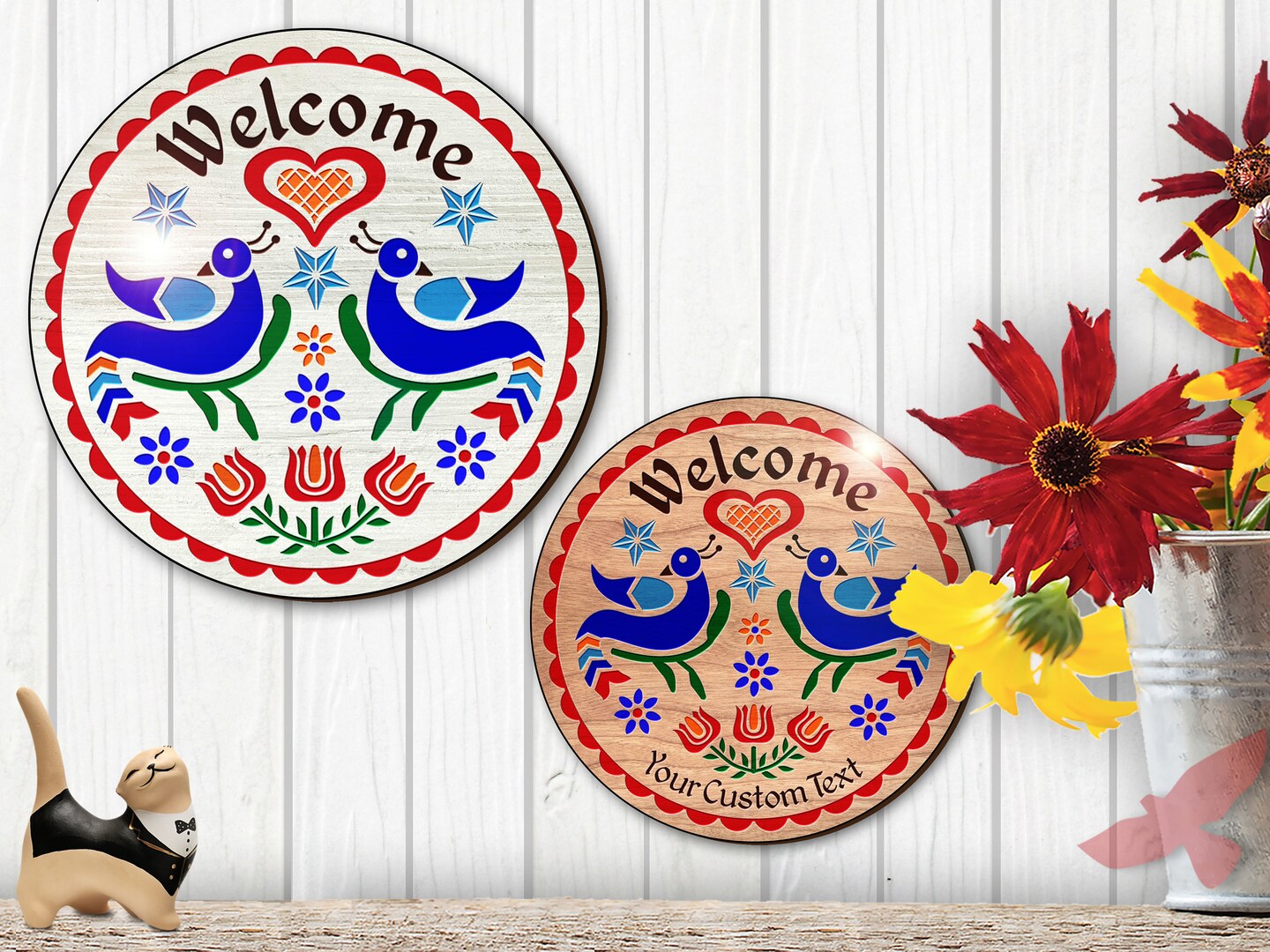 hxw: WELCOME DOUBLE DISTELFINK Engraved Wood Hand-Painted (08-36") PA Dutch Hex Sign product 2