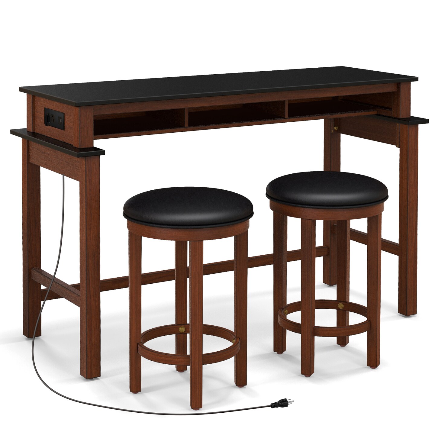 3-Piece Home Bar Set with 2 Upholstered Bar Stools Outlets and USB Ports
