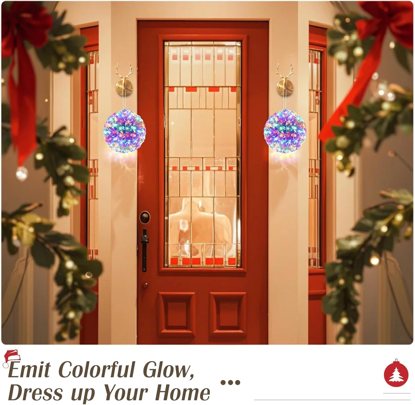 Christmas Light Ball Cherry Blossom Sphere, Battery Powered Christmas Window Lights Indoor, 2 Pack Hanging Lights for Outdoor Christmas Decoration with Timer Function, Colorful Light