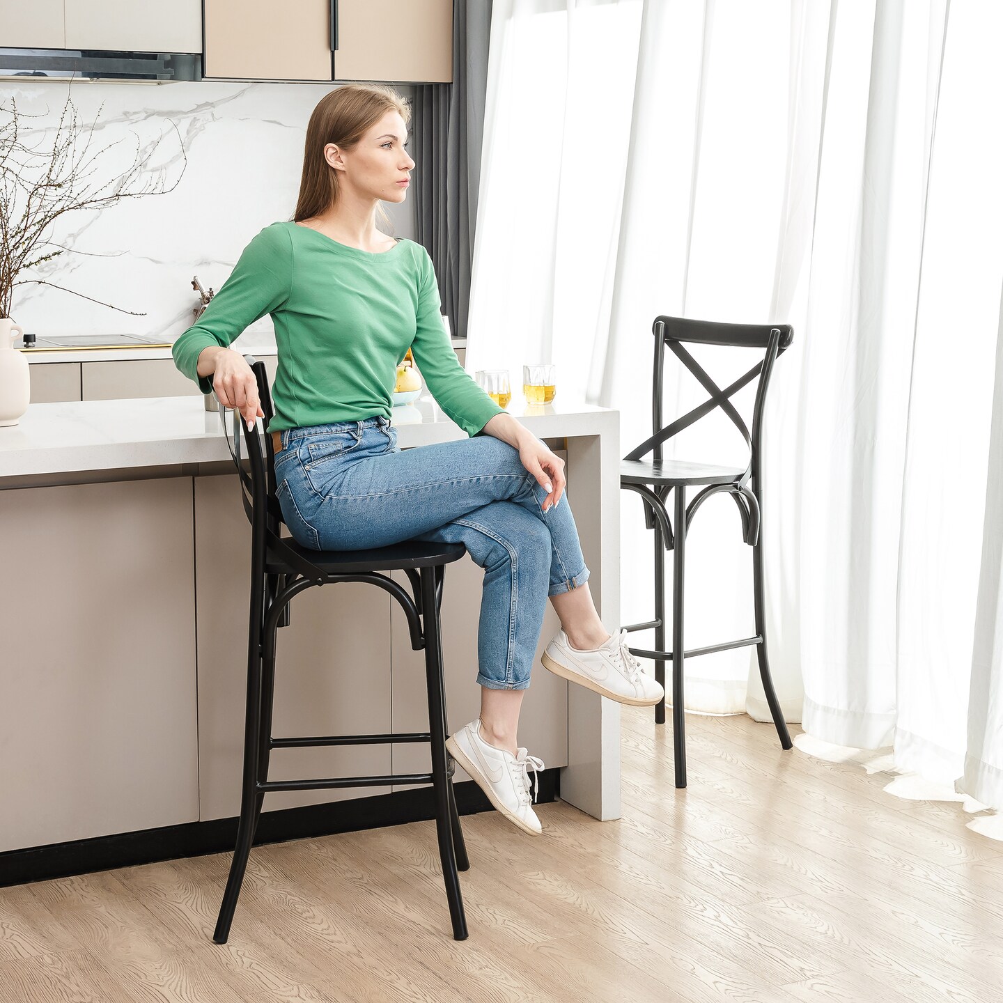 Industrial Rustic High Bar Stools With Solid Elm Wood Seat and Back Support &#x26; Bar Table With Adjustable Round