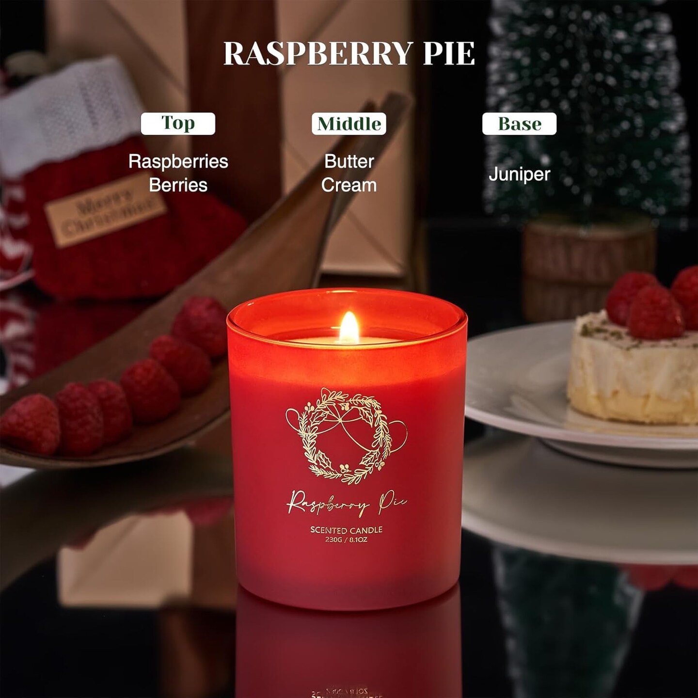 Christmas Holiday Candle - Raspberry Pie Scent, 8.1oz Soy Wax, Ideal Winter Home Decor Gift for Women and Men