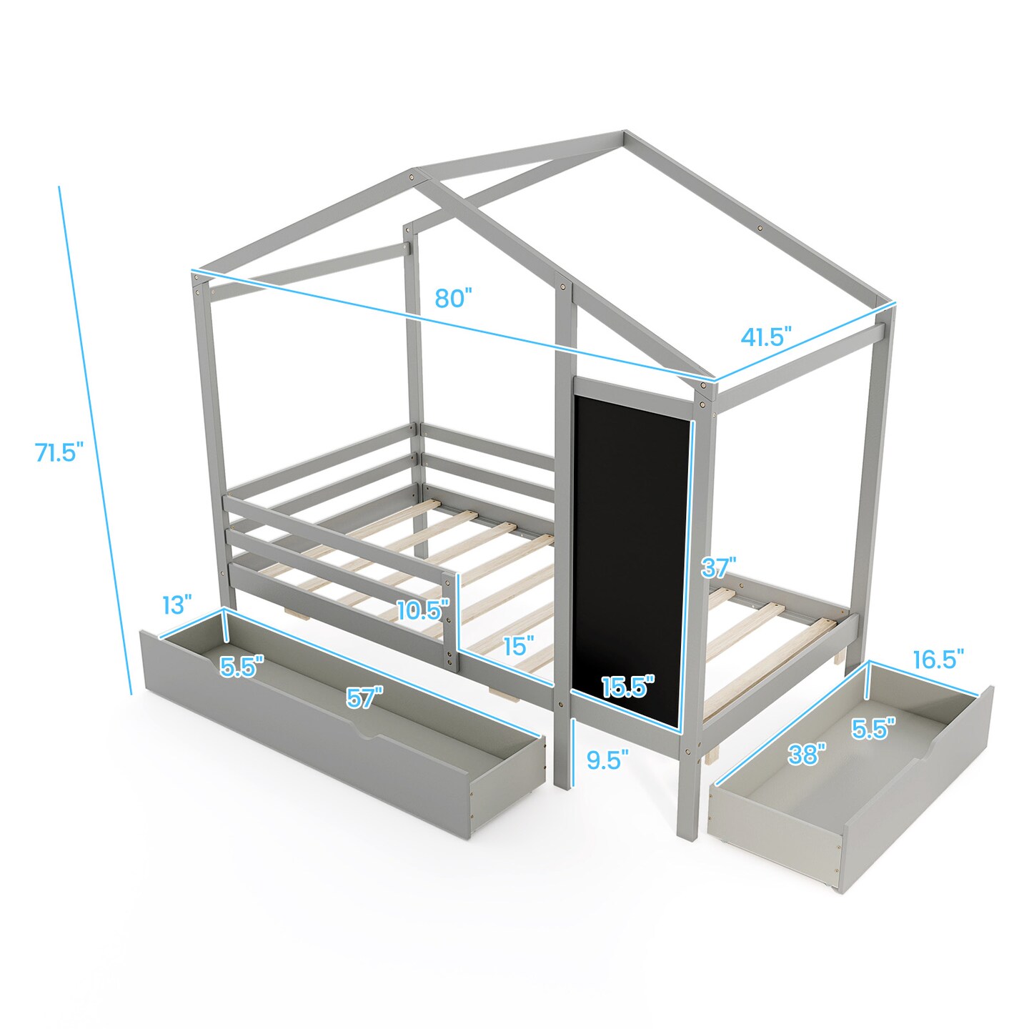 Wooden Twin House Bed with Storage Drawers Blackboard and Guardrails for Kids