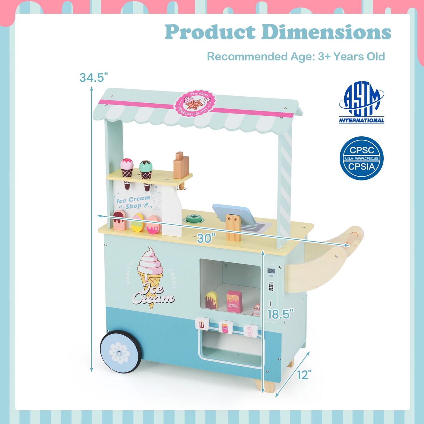 Colorful Wooden Ice Cream Truck Pretend Play Set for Toddlers with Vending Machine, Interactive Role-Playing Toy