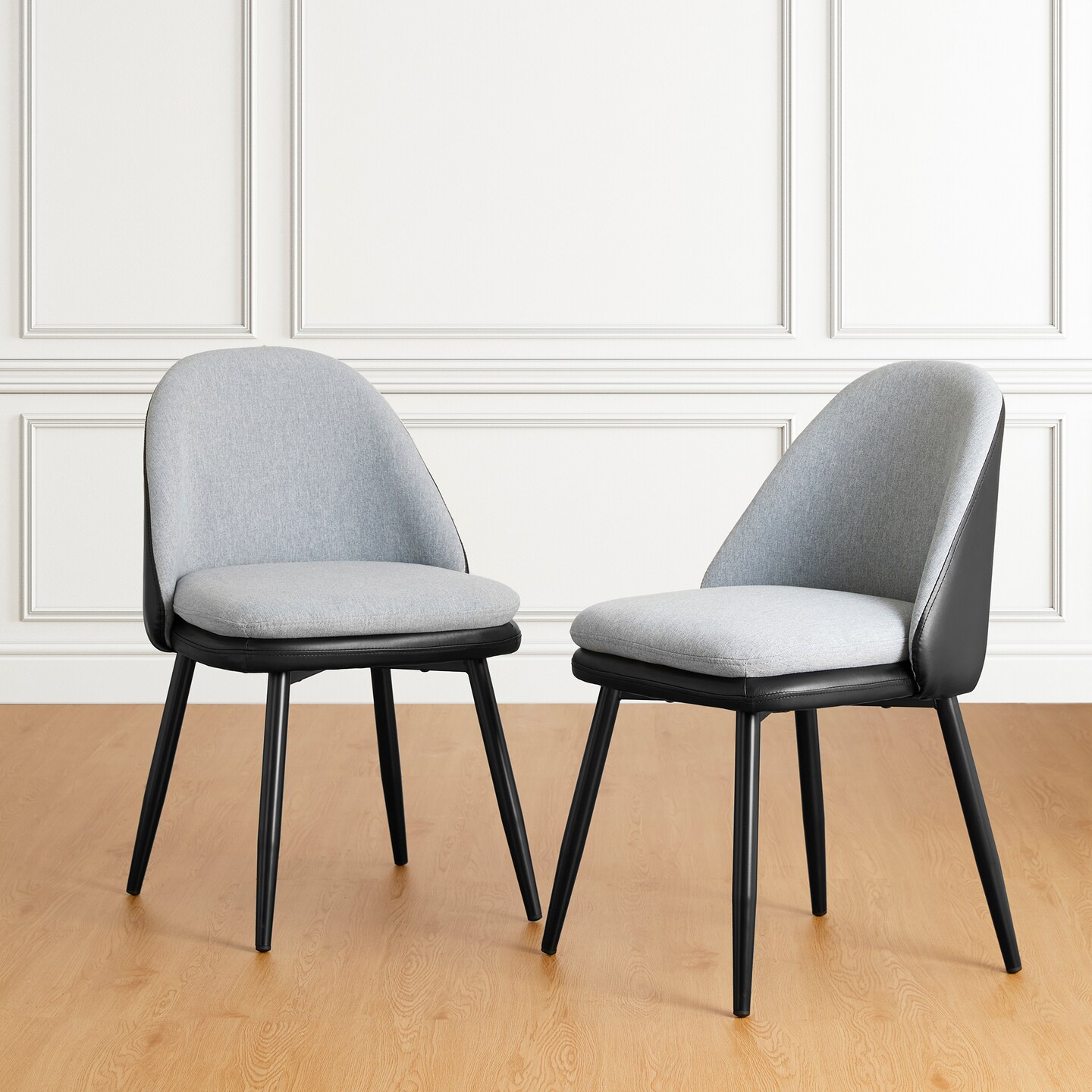 Set of 2/4 Modern Two-tone Color Dining Chair with Metal Black Tapered Legs - Black Leatherette Mixed Grey Fabric