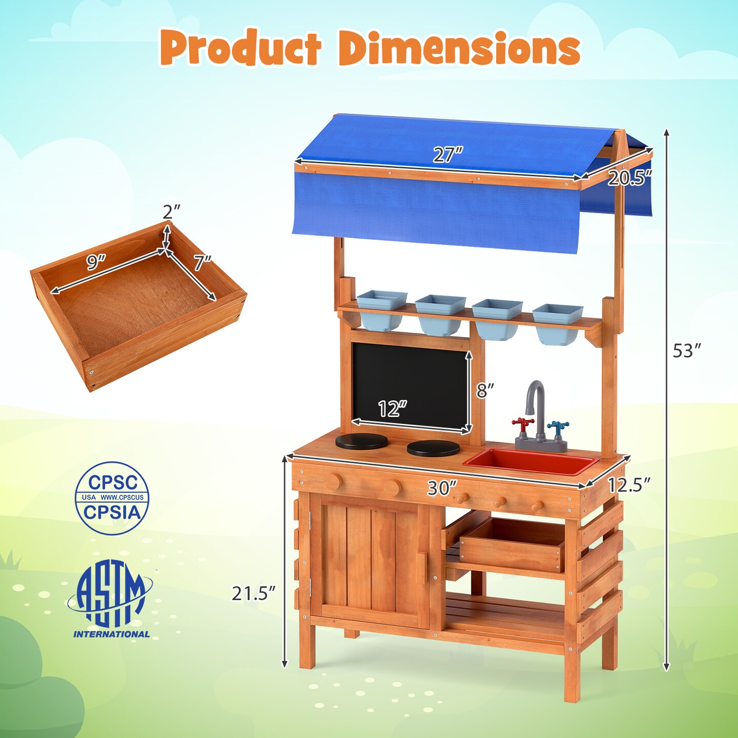 Natural Wood Pretend Play Kitchen with Height-Adjustable Canopy for Kids