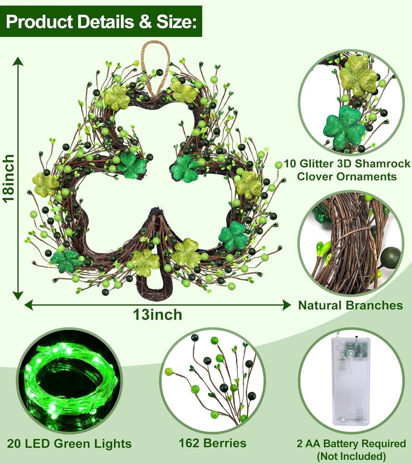 St Patricks Day Decorations, Shamrocks Wreath for Front Door
