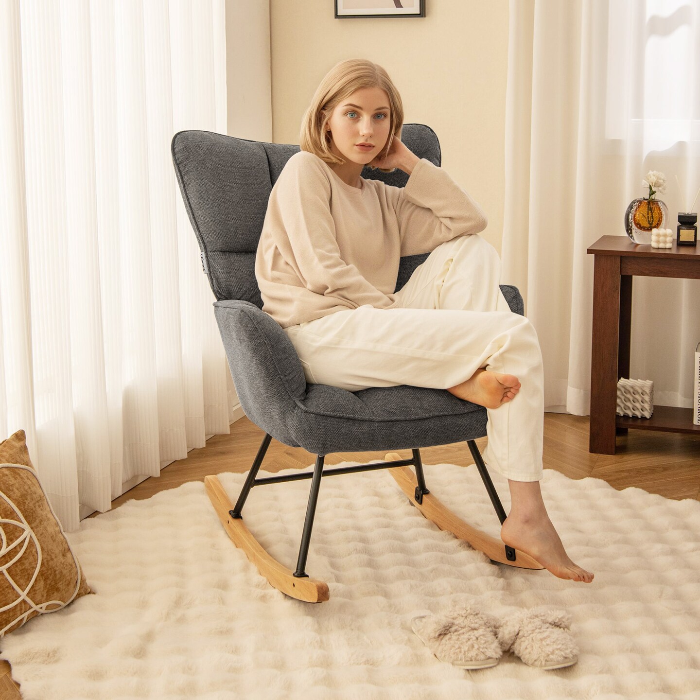 Modern Upholstered Rocking Arm Chair with High Backrest and Plush Seat