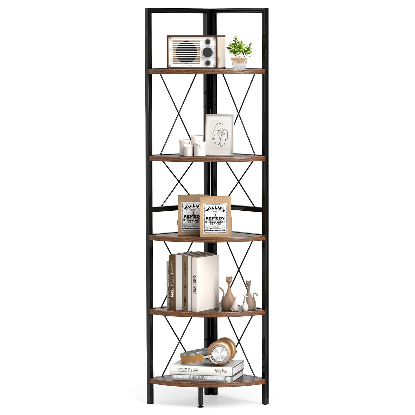63 Inch Tall 5-Tier Freestanding Corner Storage Shelf with Heavy Duty Metal Frame and X-Shaped Brackets