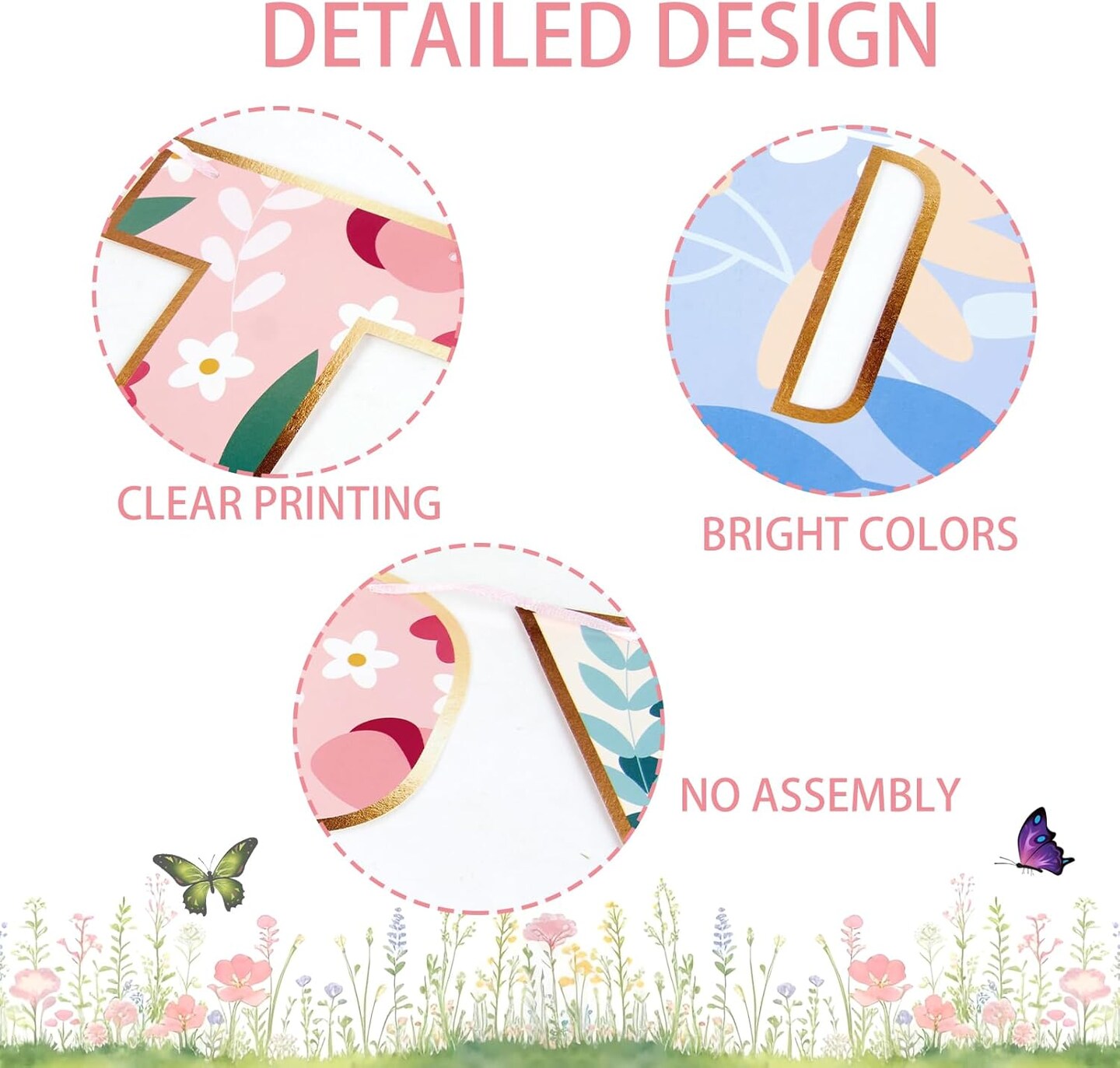 3PCS Wildflower Happy Birthday Banner Pre-strung No DIY Floral Flower Theme Birthday Banner Spring Happy Birthday Banner Flower Banner Garland for Girls Women