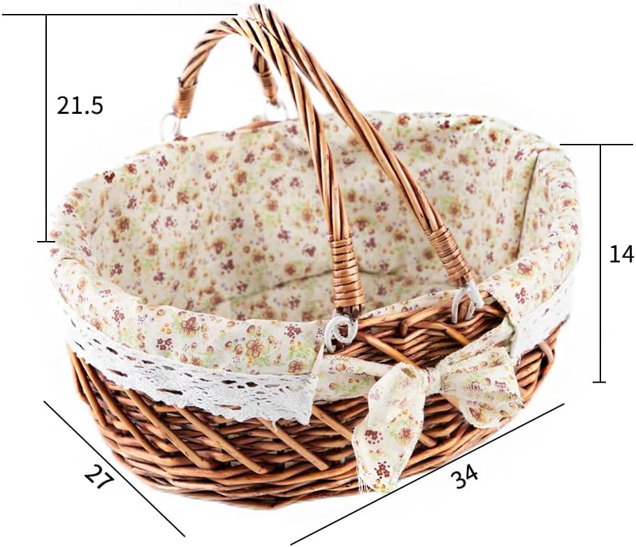 Picnic Basket with Handles & Liner Oval Empty Gift Basket Willow Woven Easter Eggs & Candy Storage Basket