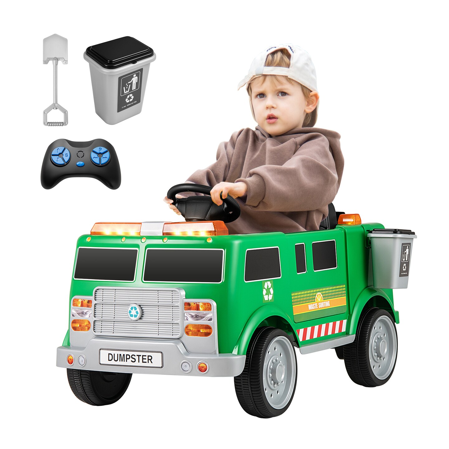 Green Plastic 12V Battery-Powered Electric Vehicle with Remote Control &#x26; Trash Bin