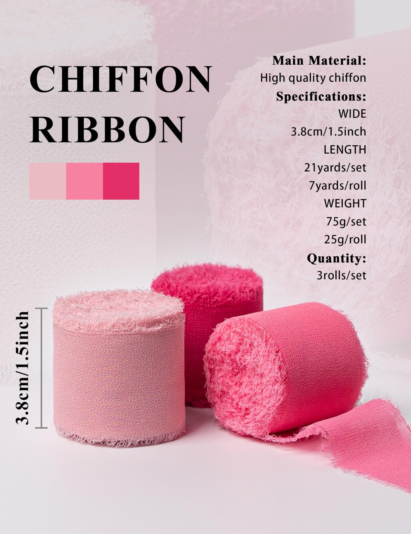 Chiffon Ribbon, Hot Pink Pastel Pink 1.5&#x27;&#x27;x21Yd Frayed Fringe Silk Ribbon for Gift Wrapping, Handmade Ribbons for Floral Vase, Halloween, Wedding, Birthday, Engagement, Bridal Shower, 3 Rolls