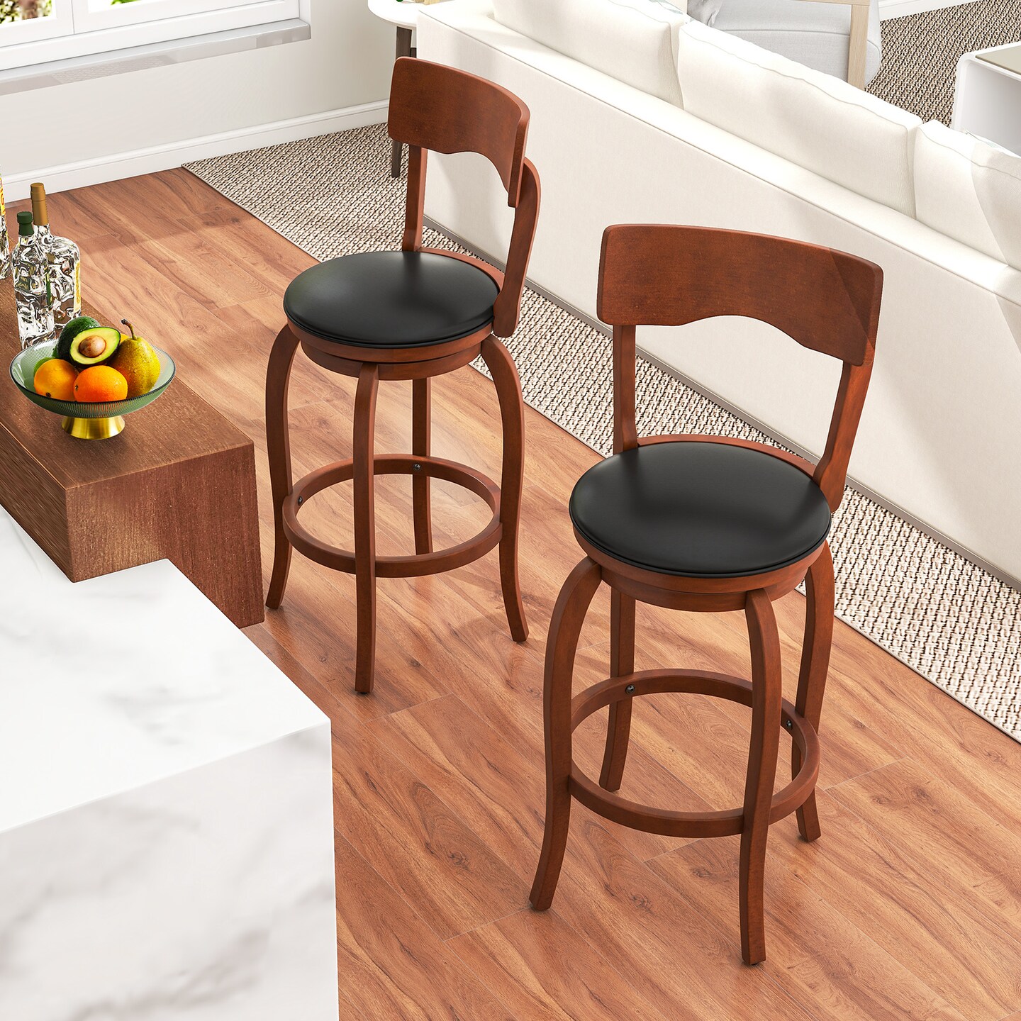 Velvet Swivel Bar Stools Set of 2 with Rubber Wood Frame and Upholstered Seat
