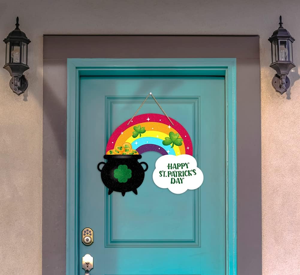 Happy St.Patricks Day Door Sign Rainbow Shamrock Clover Wreath Sign for Front Door St. Patrick&#x27;s Day Decorations Sign for Home Proch Wall Spring Irish Saint Patrick&#x27;s Day Party Decorations