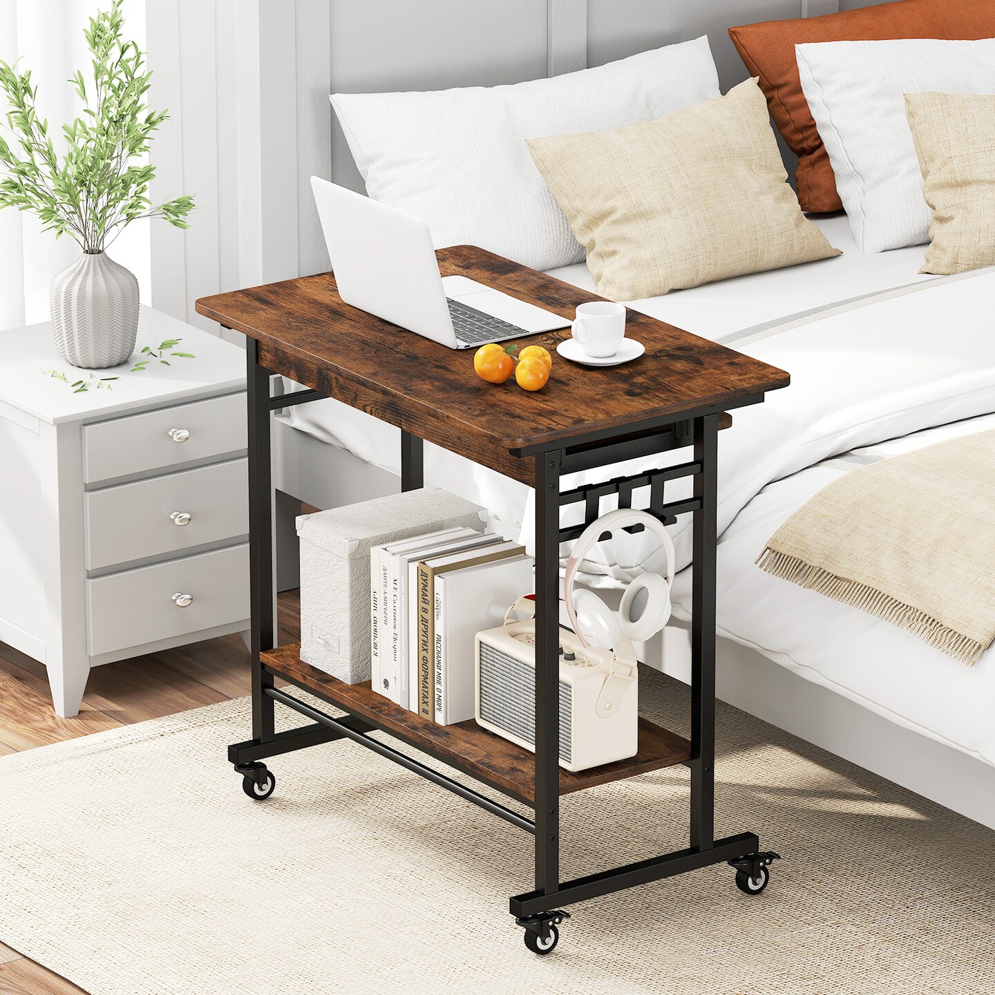 Rustic Brown Mobile Computer Desk with Keyboard Tray Shelf and Hooks Rolling Workstation