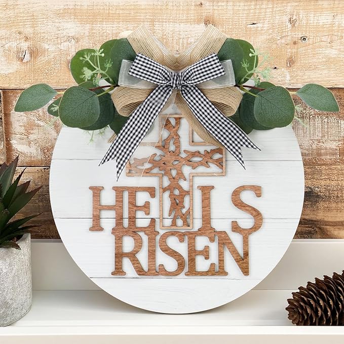 He is Risen Easter Front Door Sign Wreath (11.4"x11.4"), Rustic Christian Cross Wall Sign Hanging, Farmhouse Religious Easter Home Door Decoration for Housewarming Easter Gift