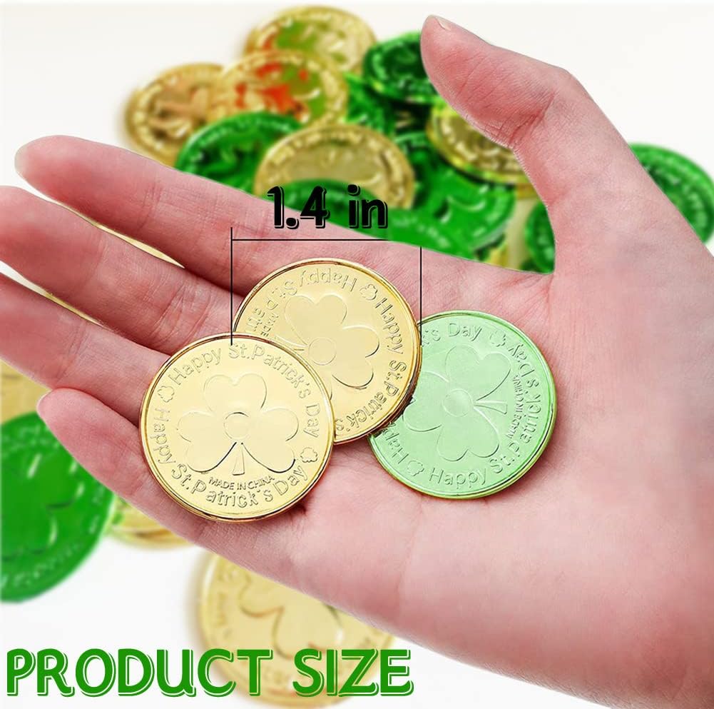St. Patrick's Day Gold Coins, 120 Pieces Gold Green Lucky Coins Plastic Shamrock Leprechaun Coins, 3-Leaf Clover Coin Table Scatter Decoration for St. Patrick's Day Party Favors