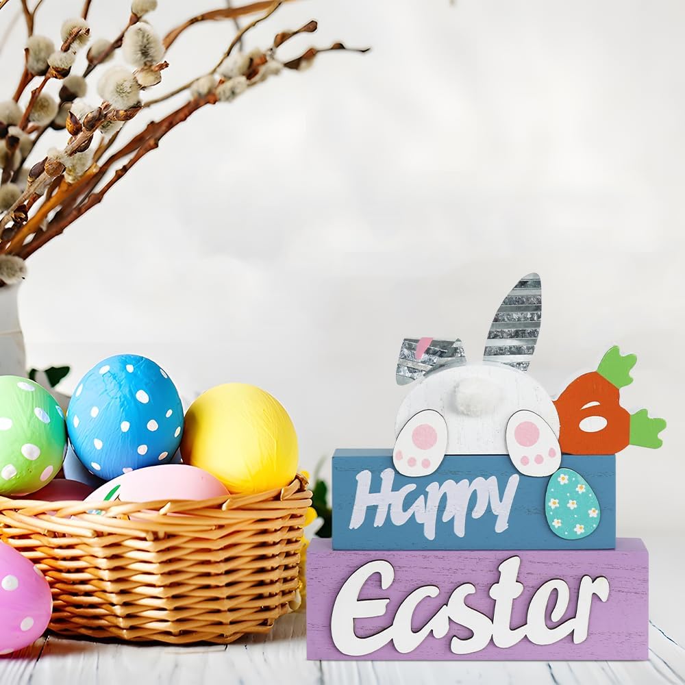 Easter Decorations, 3-Layered Easter Bunny with Carrots Farmhouse Wood Block Easter Decor, Happy Easter Sign Easter Egg Design Easter Decorations Indoor for Home, Living Room, Tables, Mantel Visit the MEETYAMOR Store