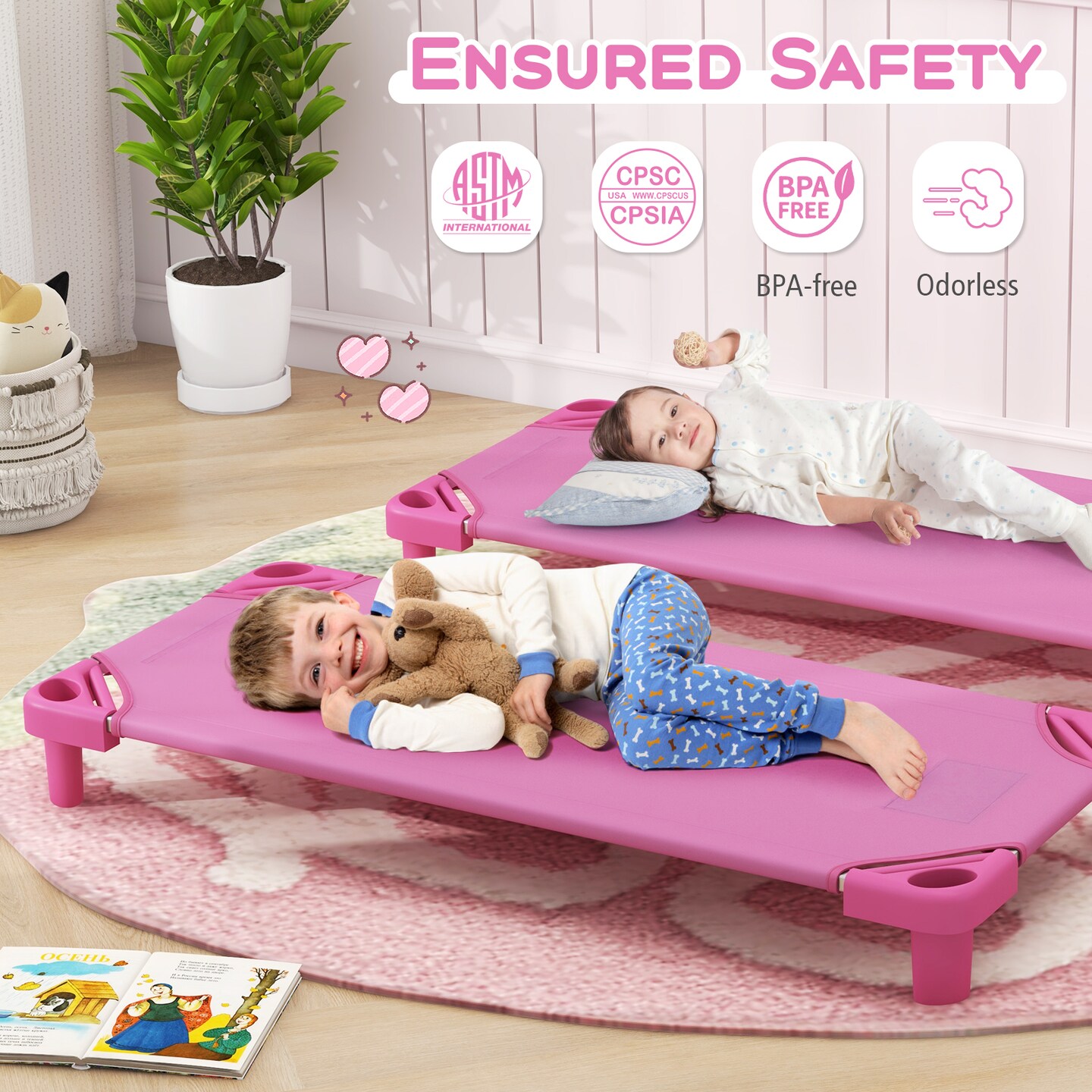 Stack-able Nap Cot for Kids with Steel Frame Oxford Fabric Raised Design and Easy Cleaning