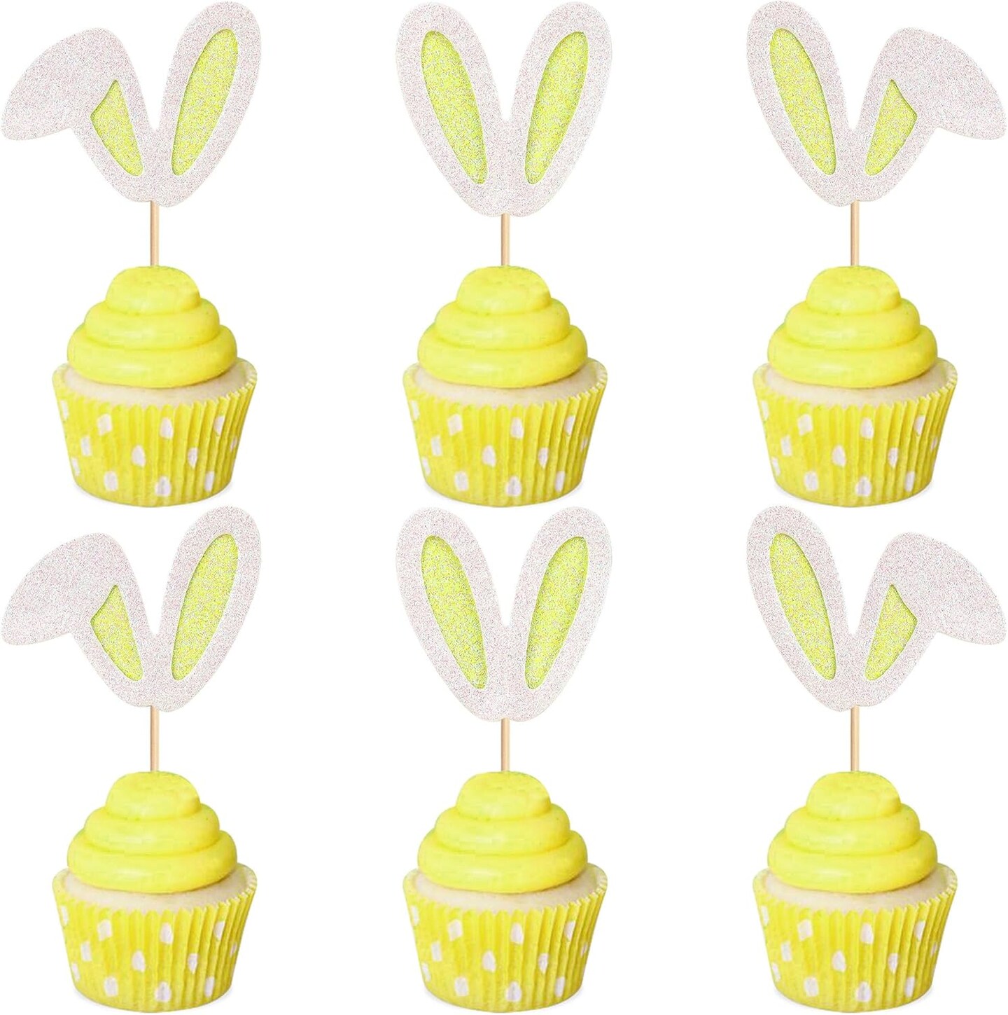 24 Pack Easter Bunny Ear Cupcake Toppers, Yellow Glitter Rabbit Ears Cupcake Picks, Easter Day Cake Toppers for Easter Theme Spring Birthday Baby Shower Party Supplies