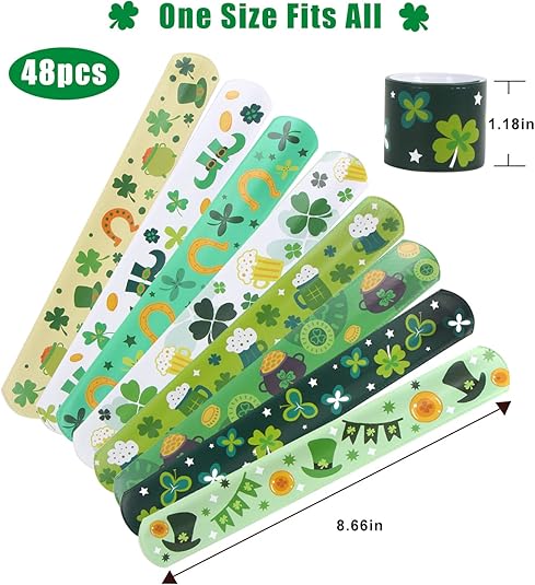 48pcs St. Patrick&#x27;s Day Slap Bracelets, Lucky Shamrock Kids Snap Wristbands Toys for Irish St. Patty Party Supply