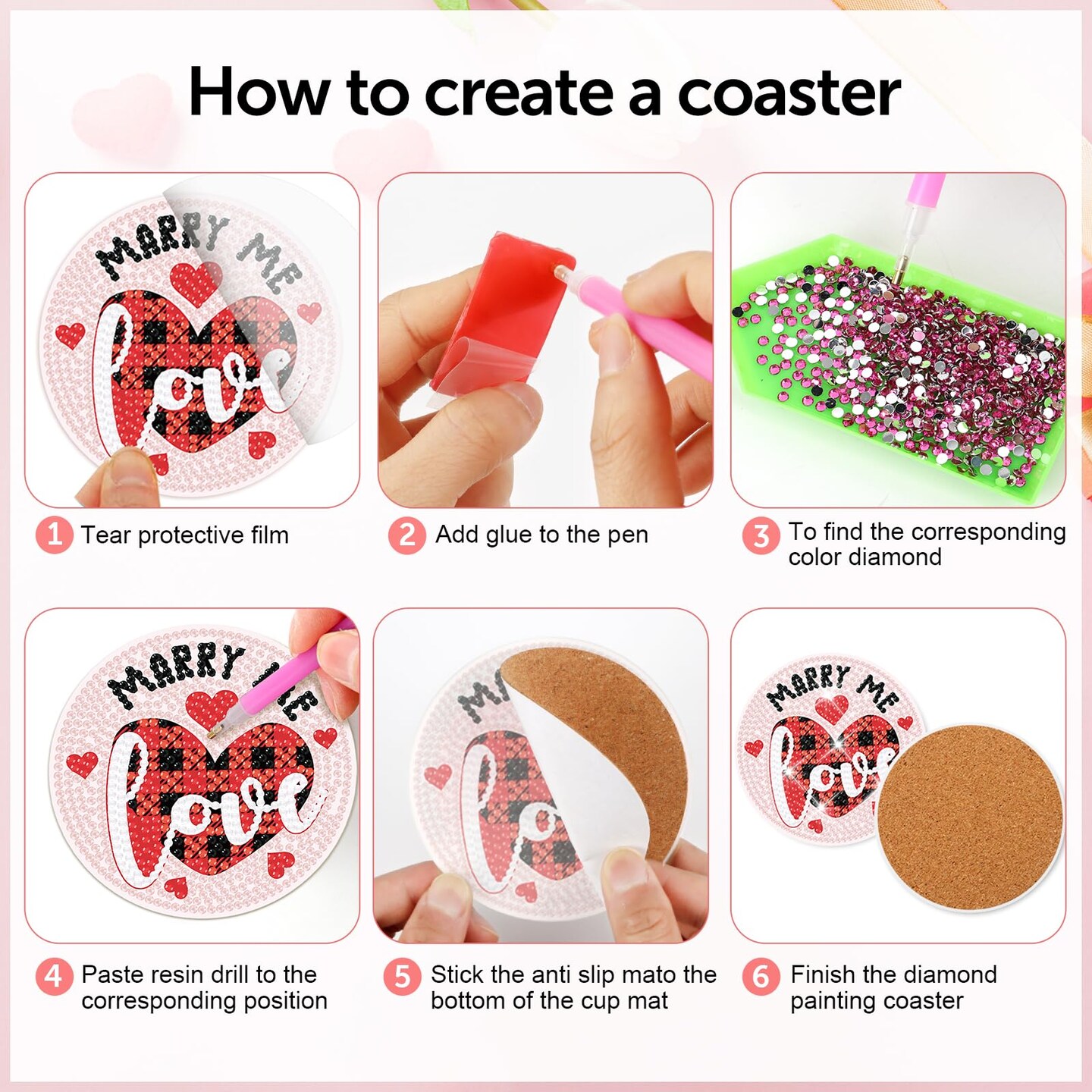 8 Pieces Valentine&#x2019;s Day Diamond Art Coasters Love Diamond Painting Coasters Kits with Holder DIY Coasters for Beginners, Adults, Kids, Diamond Art Crafts Supplies (Valentines)