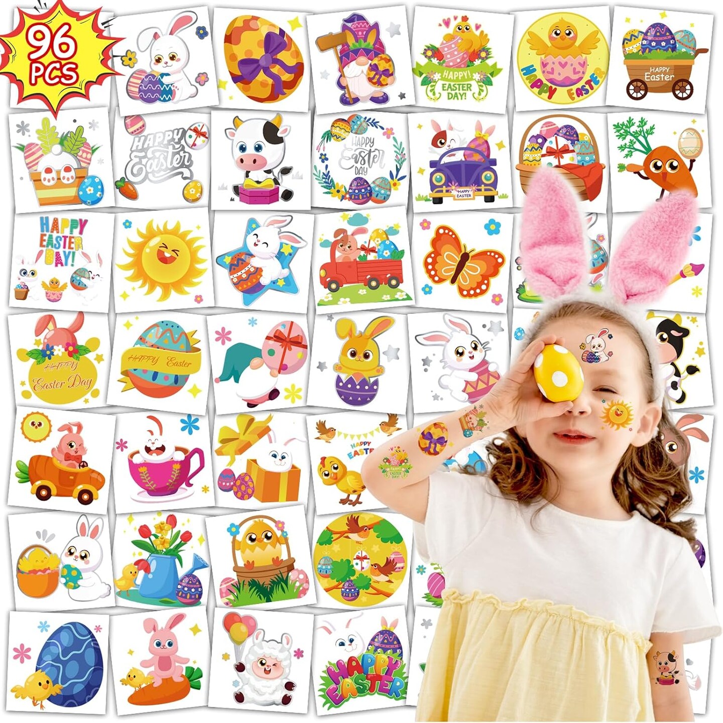 96 PCS Easter Temporary Tattoos for Kids, Pre-cut Fake Tattoos Easter Tattoos Hot Silver Stamping Kid Tattoos Temporary Eggs Bunny Tattoos Easter Basket Stuffers Prizes for Kids Adult