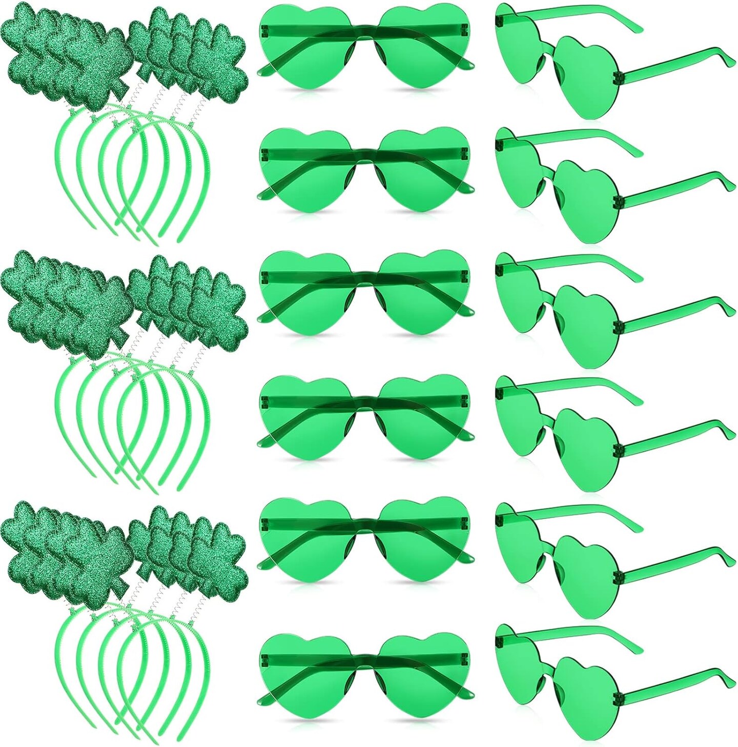 24 Pcs St. Patrick&#x27;s Day Shamrock Headbands Glasses Set, Green St Patricks Day Costume Accessories 12 Pcs Boppers Headwear and 12 Pairs Transparent Rimless Love Eyewear for Irish Party Supplies