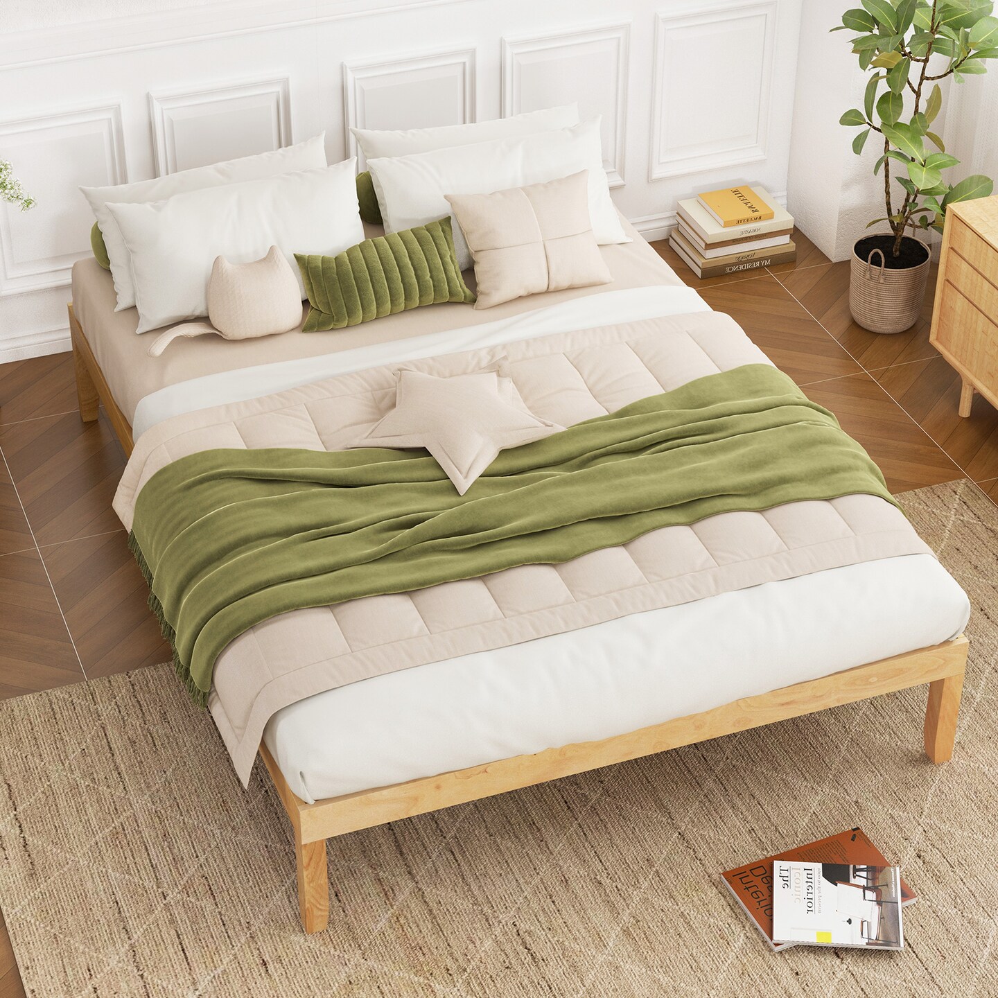 Queen Size Platform Bed Frame with Slats Support and Rubber Wood Legs