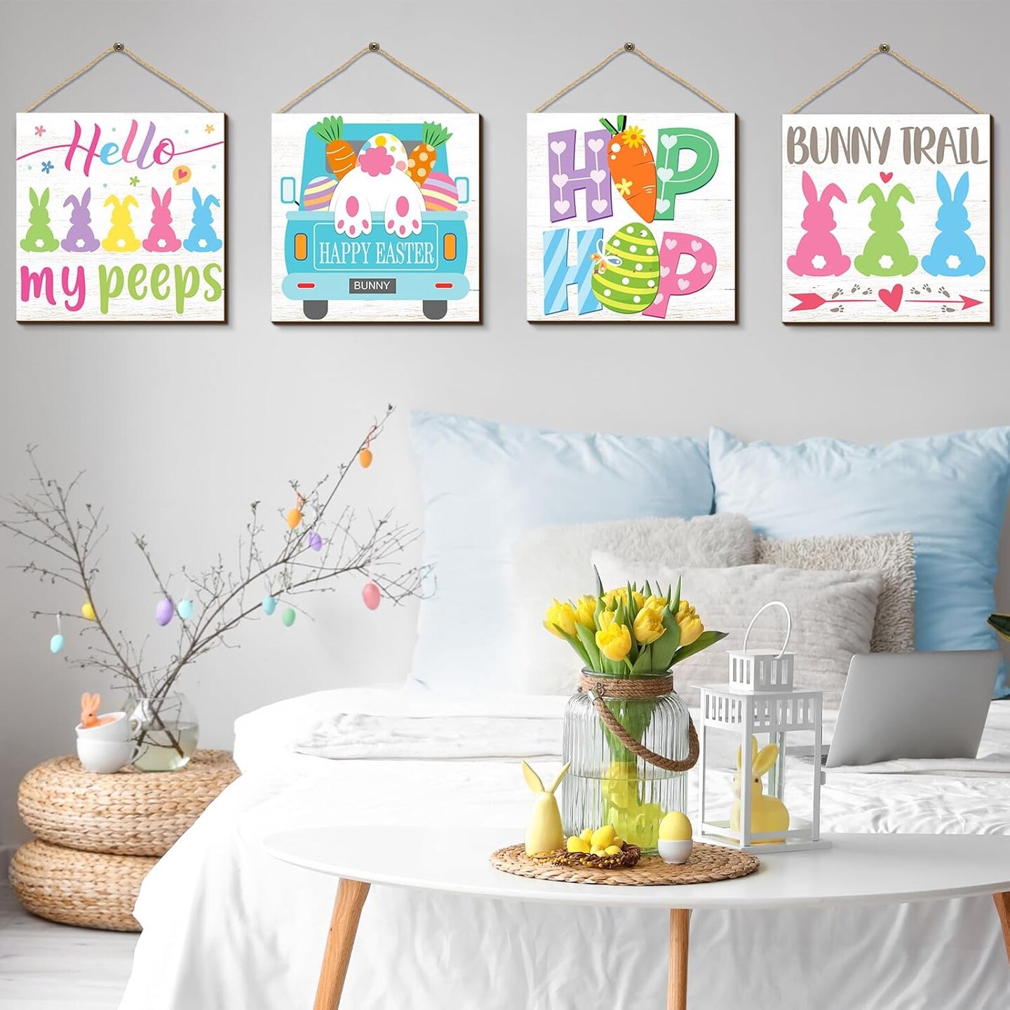 4PCS Happy Easter Door Signs – Wooden Bunny Wreaths & Wall Hanging Plaques for Front Porch & Home Decor