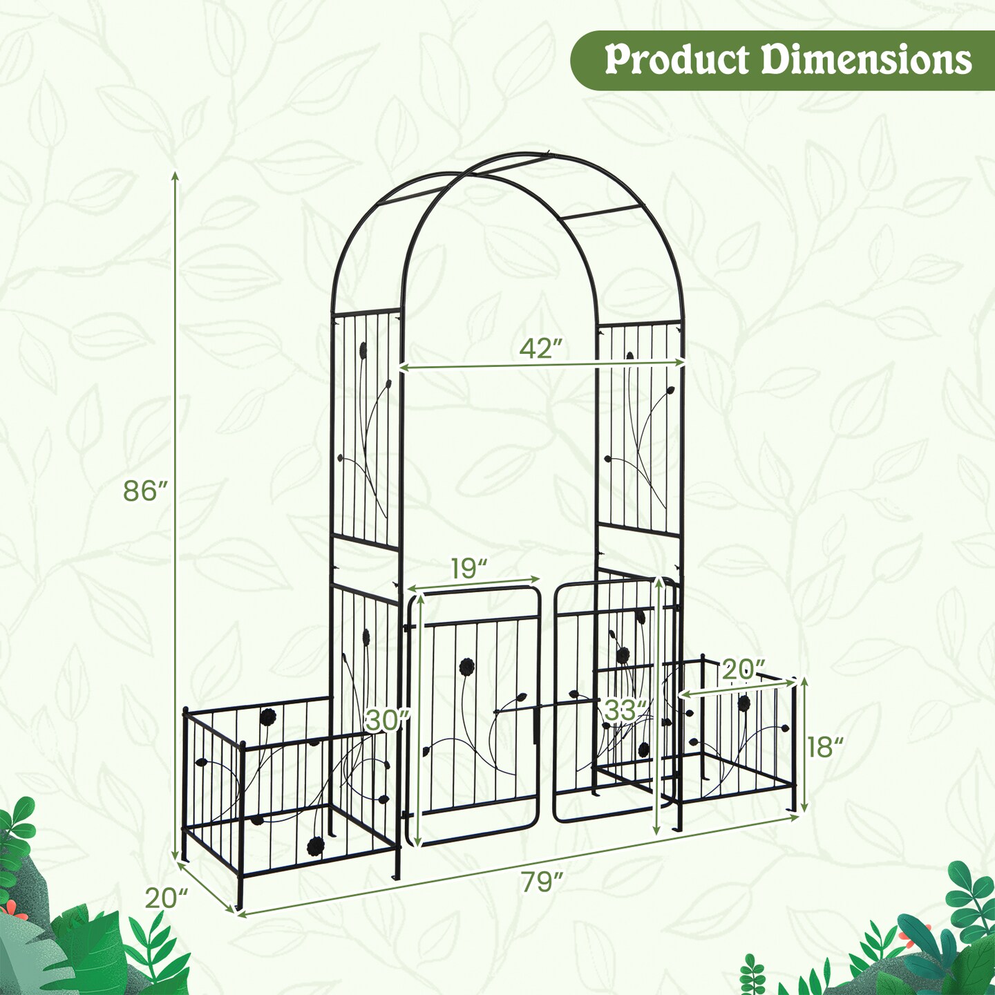 87 Inches Black Garden Arbor with 2 Side Planters and 2 Lockable Door Gate Perfect for Any Decoration
