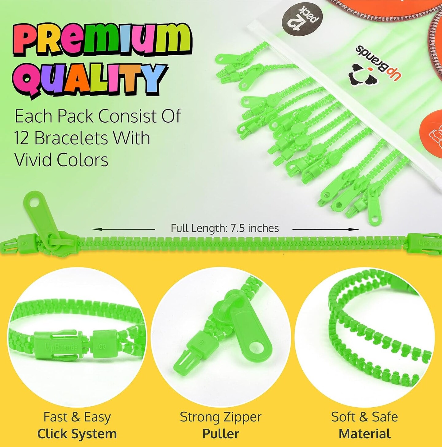 12-Pack Green 7-Inch Zipper Bracelets – Themed Fidget Party Favors for Earth Day, Bulk Sensory Toys for Kids, and Lucky Accessories for St. Patrick’s Day