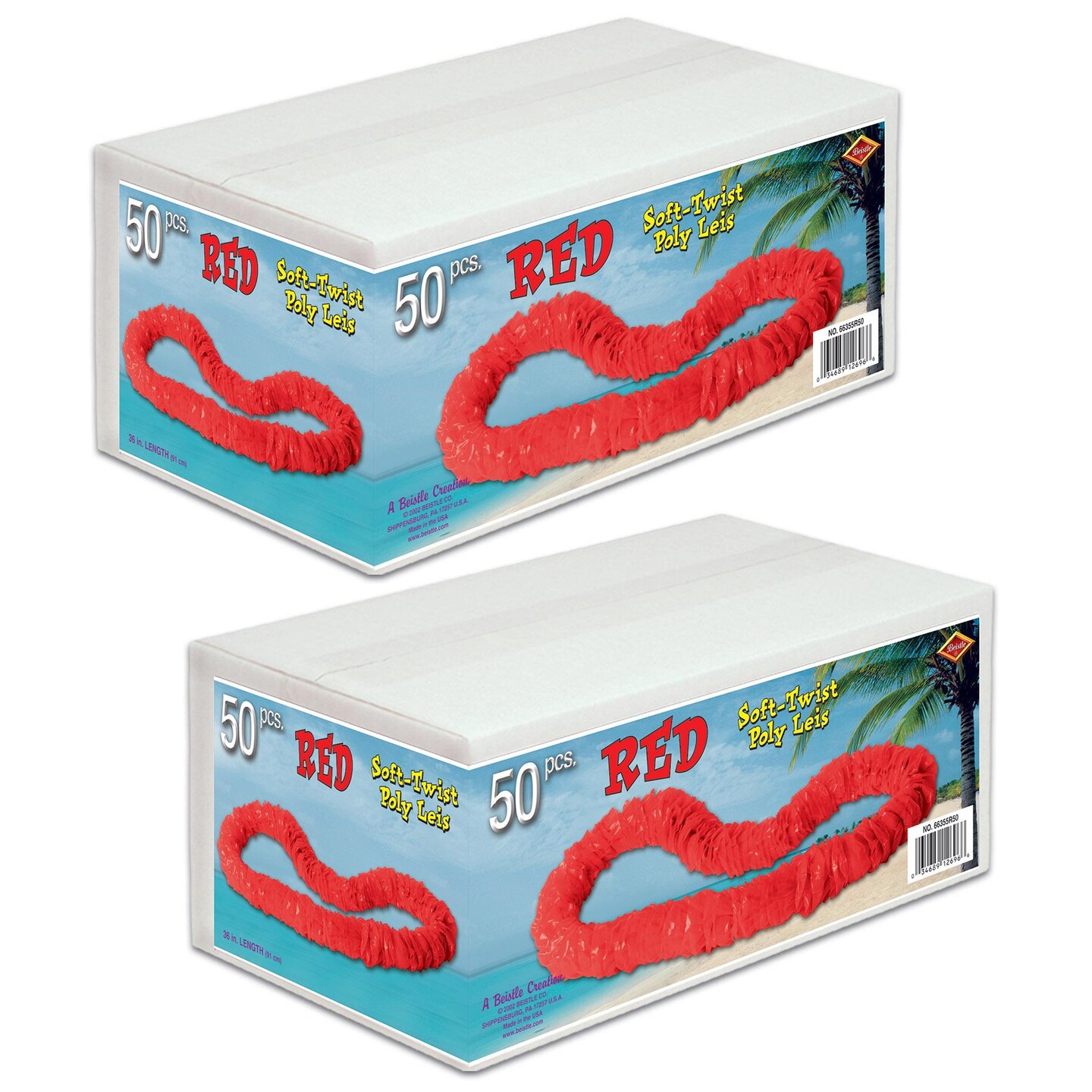 50 Pack Beistle Luau Red Party Soft-Twist Poly Leis with Labeled Box