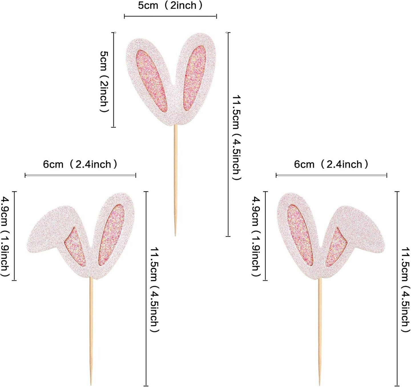 24 Pack Easter Bunny Ear Cupcake Toppers, Pink Glitter Rabbit Ears Cupcake Picks, Easter Day Cake Toppers for Easter Theme Spring Birthday Baby Shower Party Supplies