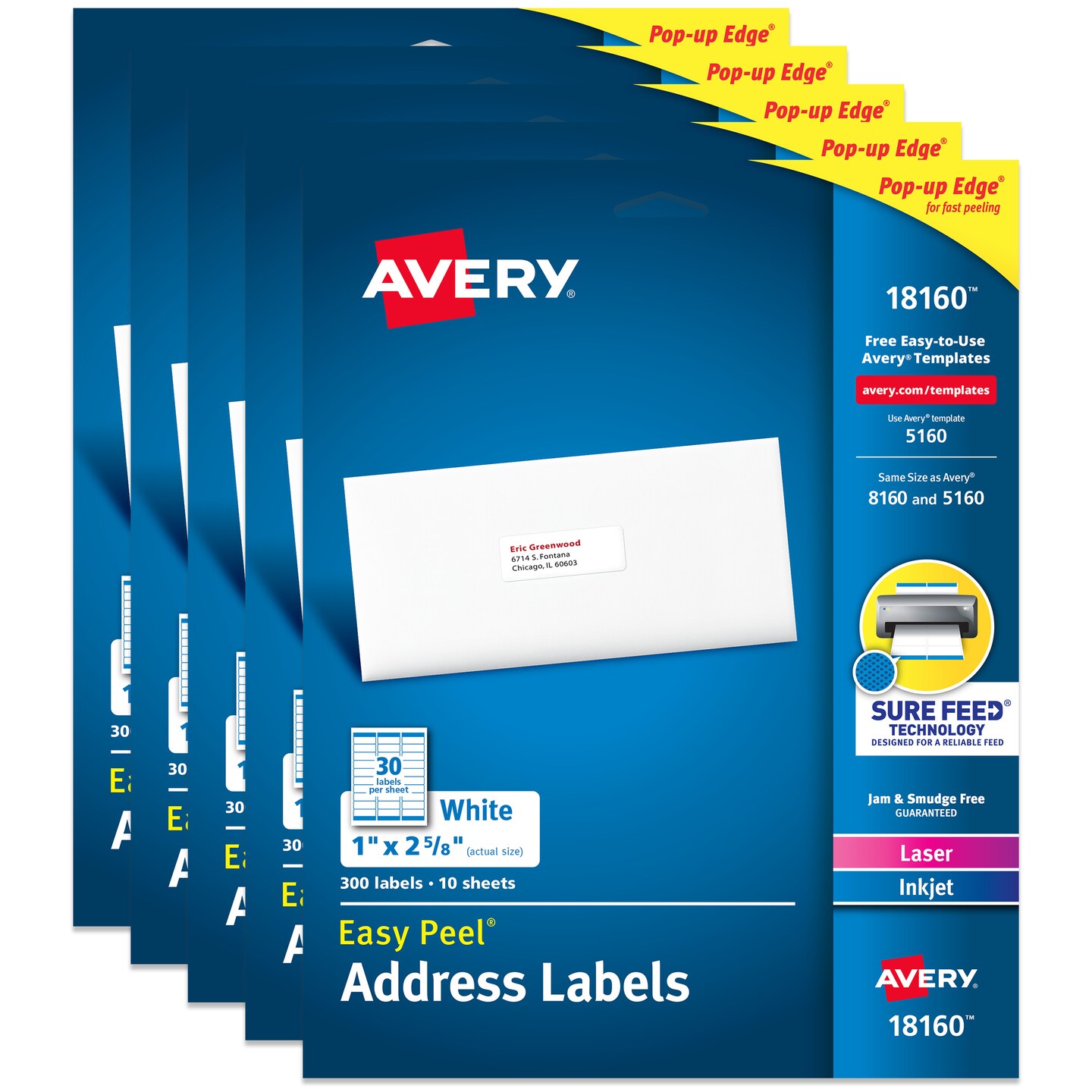Avery Easy Peel Printable Address Labels with Sure Feed, 1&#x22; x 2-5/8&#x22; Customizable Stickers, White, 300 Blank Mailing Labels, Great for Mailing, Shipping, and More (18160) - 5 Pack