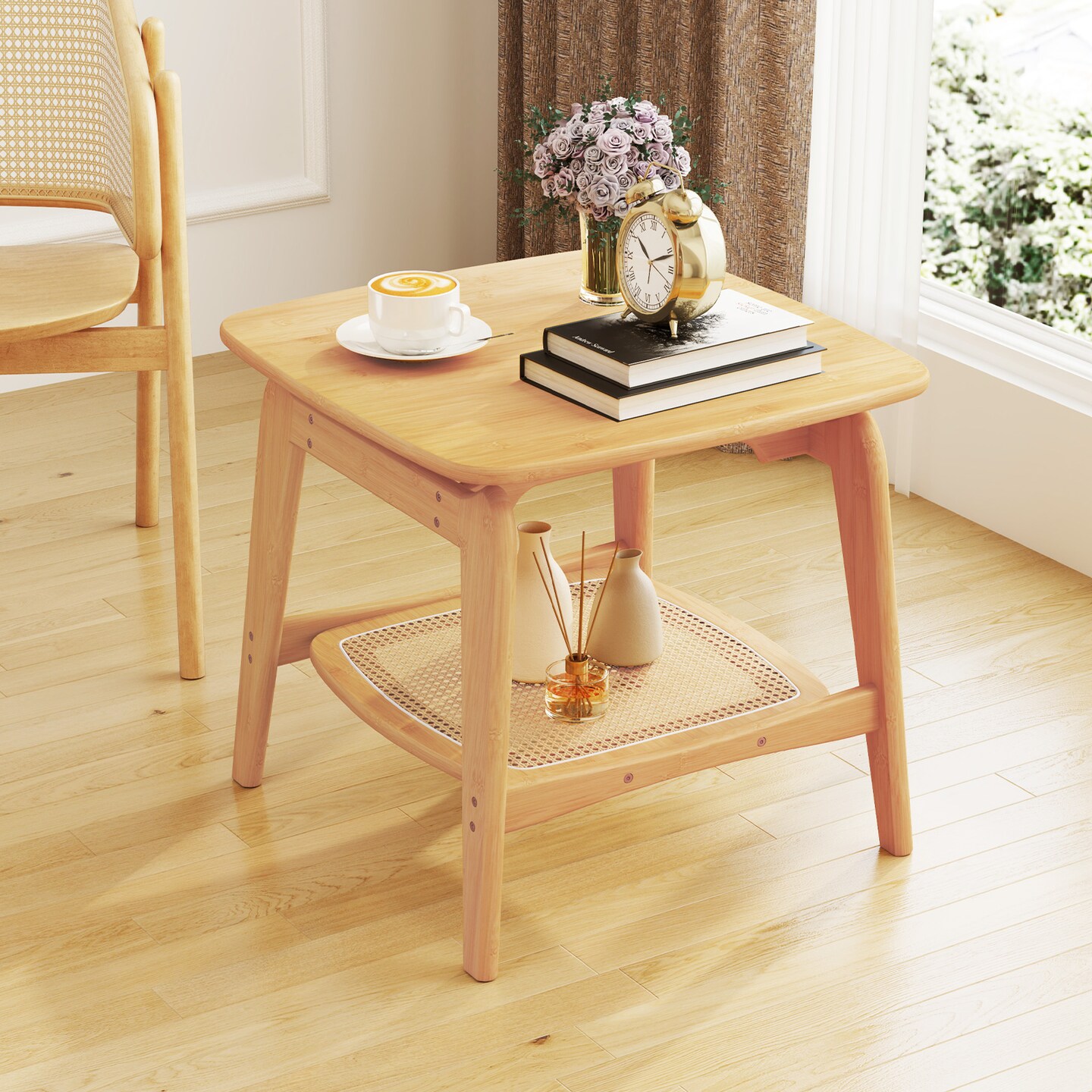 Wicker Sofa Side Table with Faux Rattan Storage Shelf-Natural